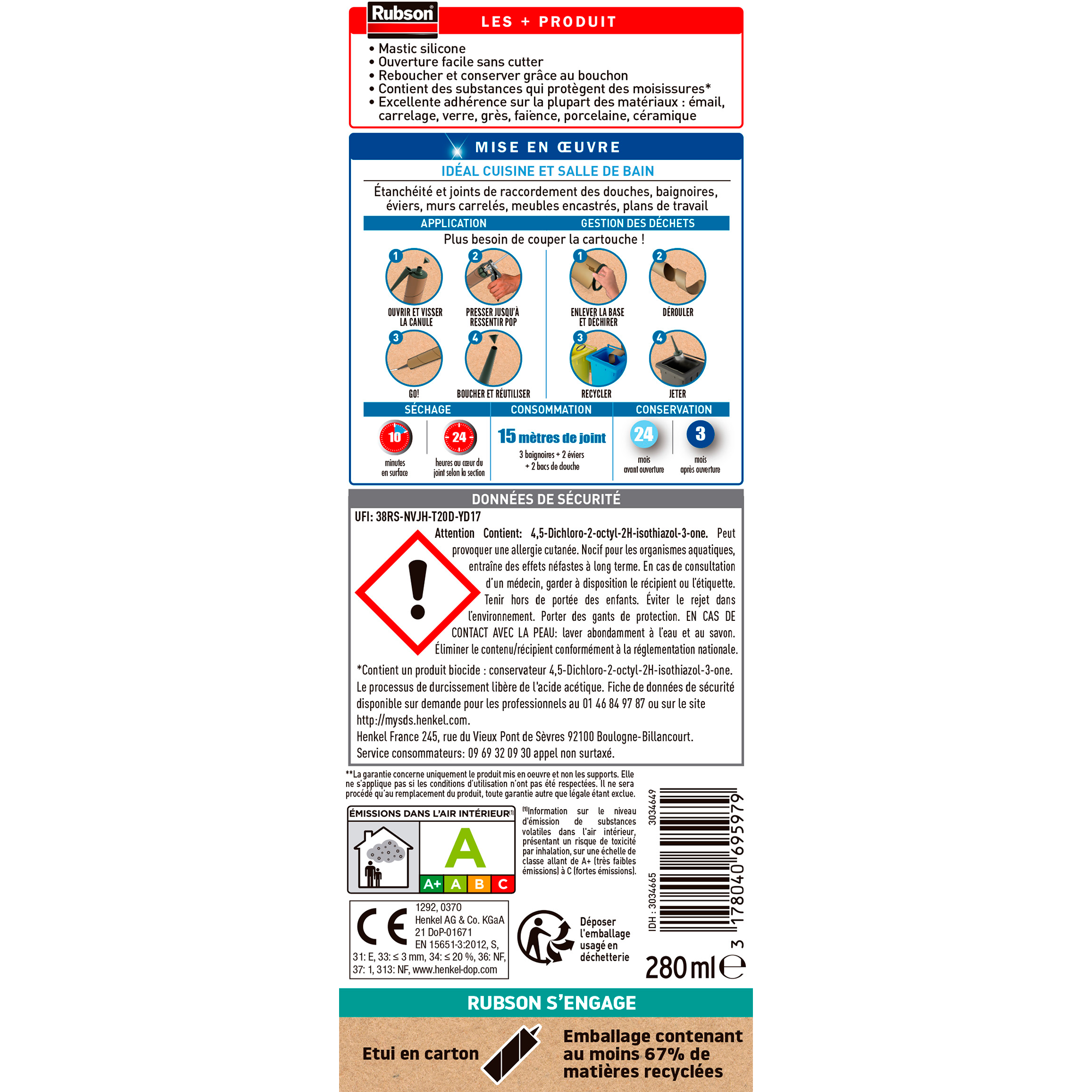 Silicone d'étanchéité Salle de bain saine RUBSON blanc, 280 ml - 8
