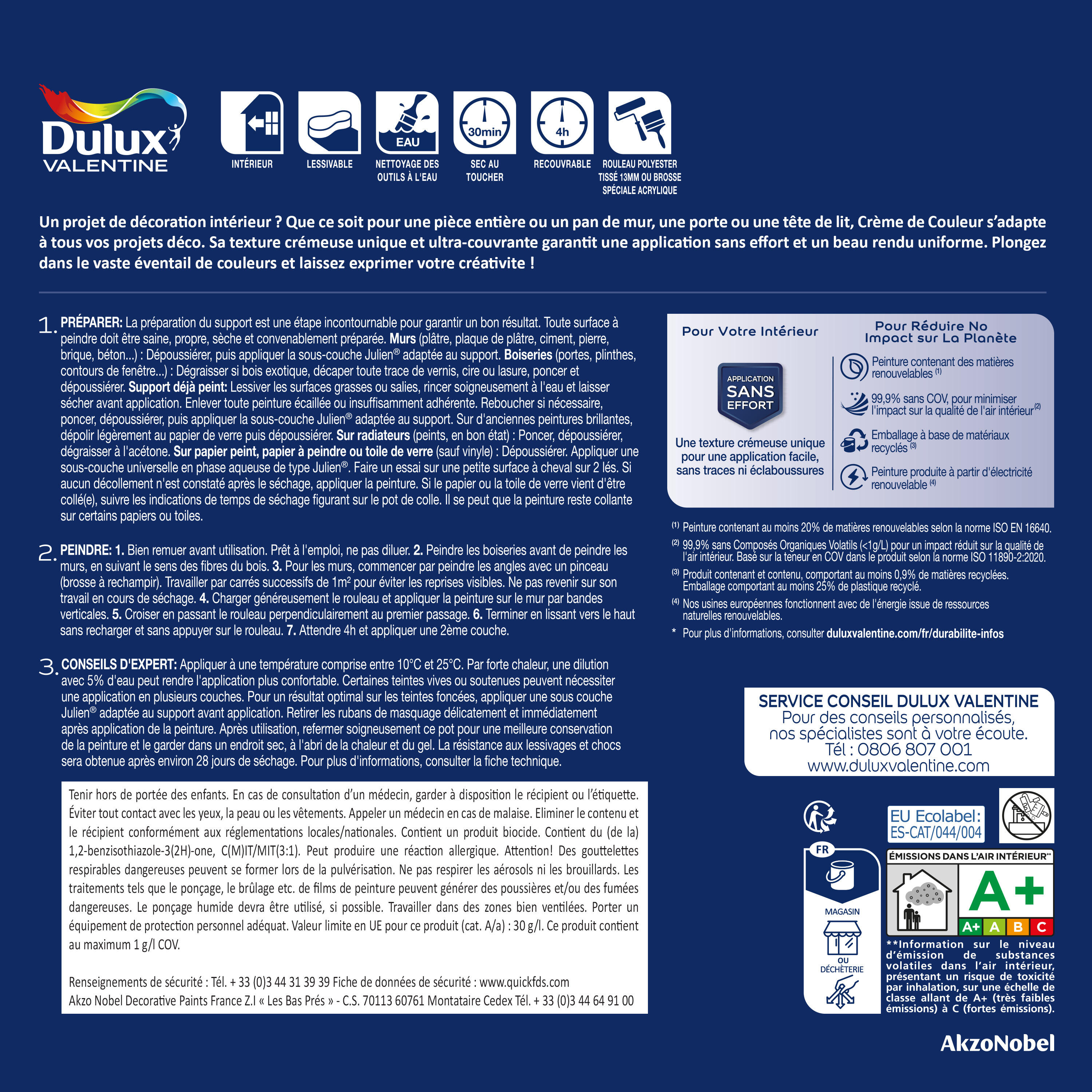 Peinture mur tomette velours DULUX VALENTINE Crème de couleur 2.25L - 5