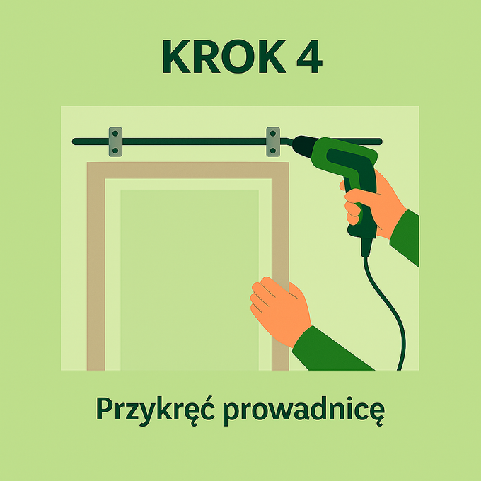 Infografika przedstawiająca przykręcenie prowadnicy pod drzwi przesuwne