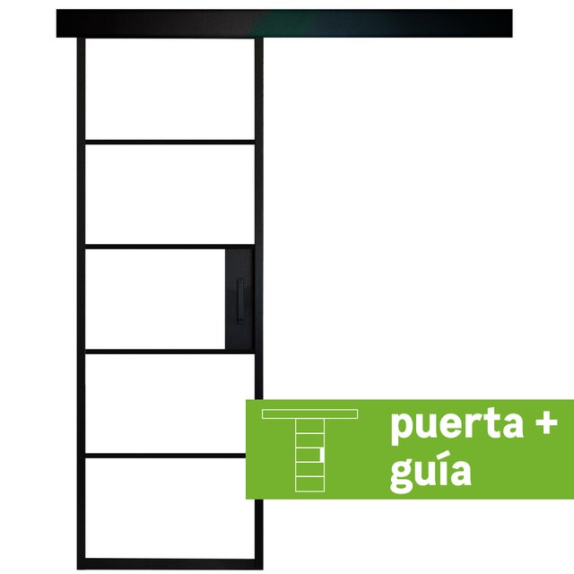Pack puerta de interior corredera con cristal transparente lacada Artens Chloe negro anchura 83cm + guia corredera