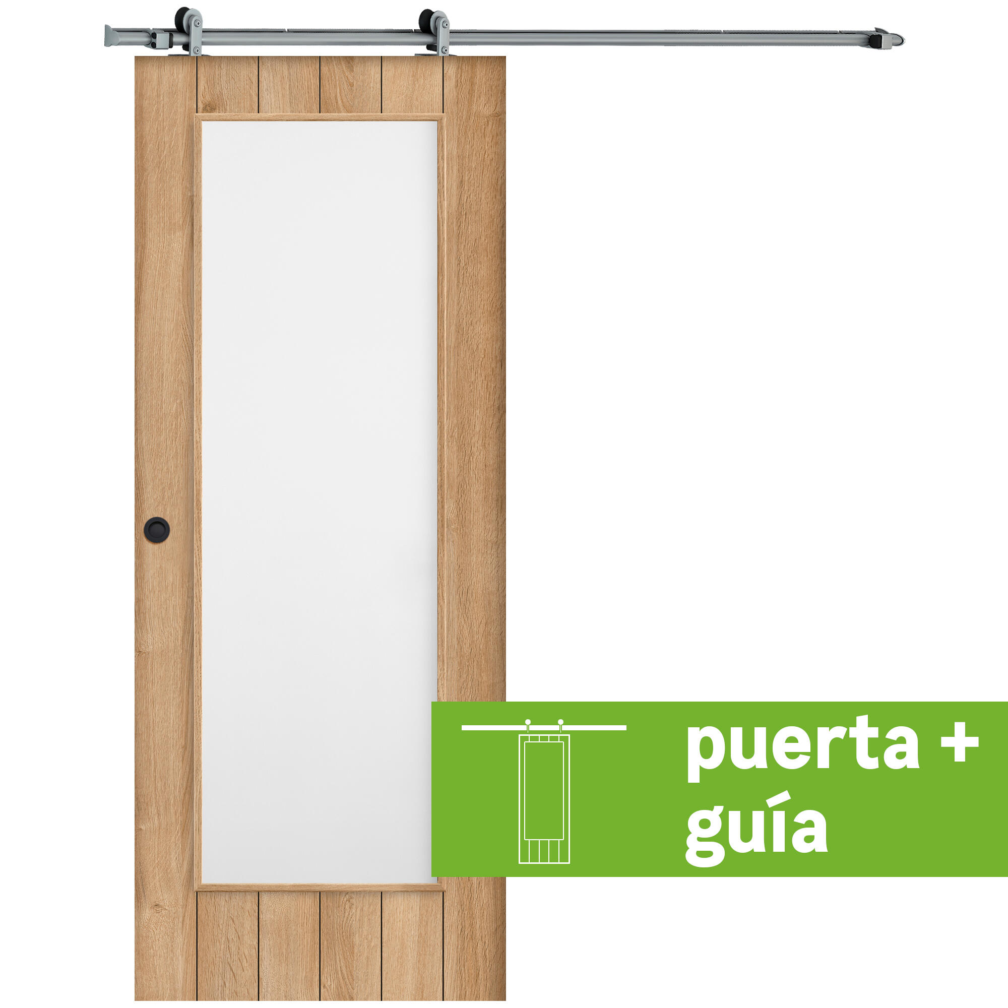 Pack puerta de interior corredera con cristal incluido maciza line plus chicago roble acabado laminado con uñero y condena anchura 72,5cm +guia corredera