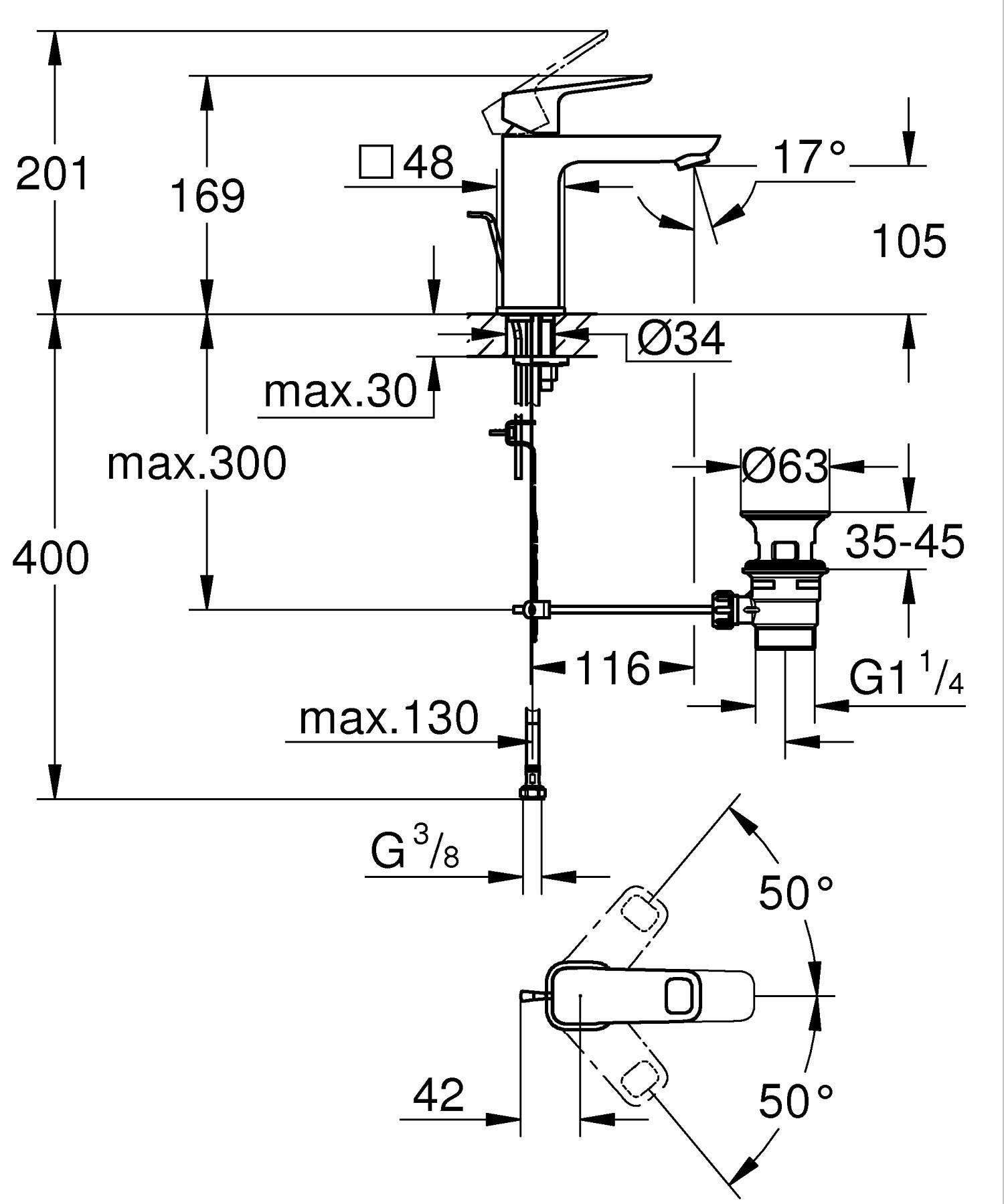Grifo de lavabo GROHE Clova Pulse monomando cromo brillo. Antical. Latón - 3