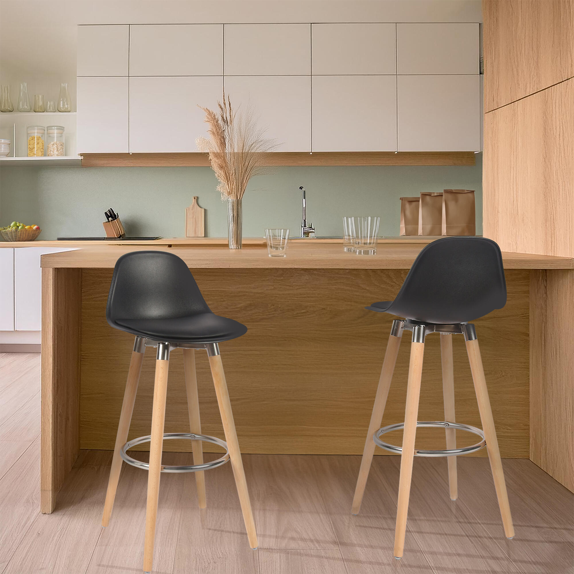 Lot de 2 tabourets Lam noir pieds en hêtre - 2