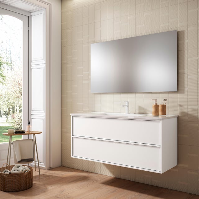 Conjunto mueble de baño suspendido con lavabo y espejo Frame blanco con un seno 120x46 cm

