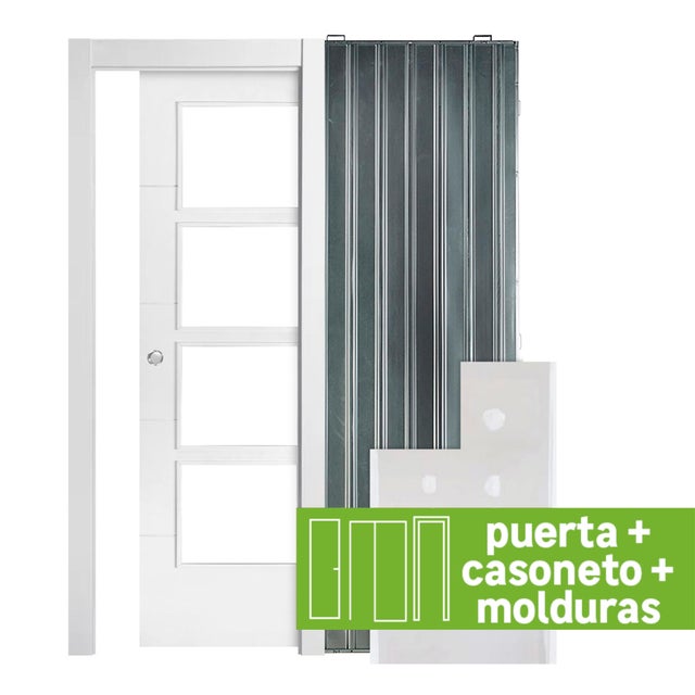 Pack puerta de interior corredera con cristal maciza lacada Line Plus Lucerna anchura 82,5cm + casoneto con molduras de remate