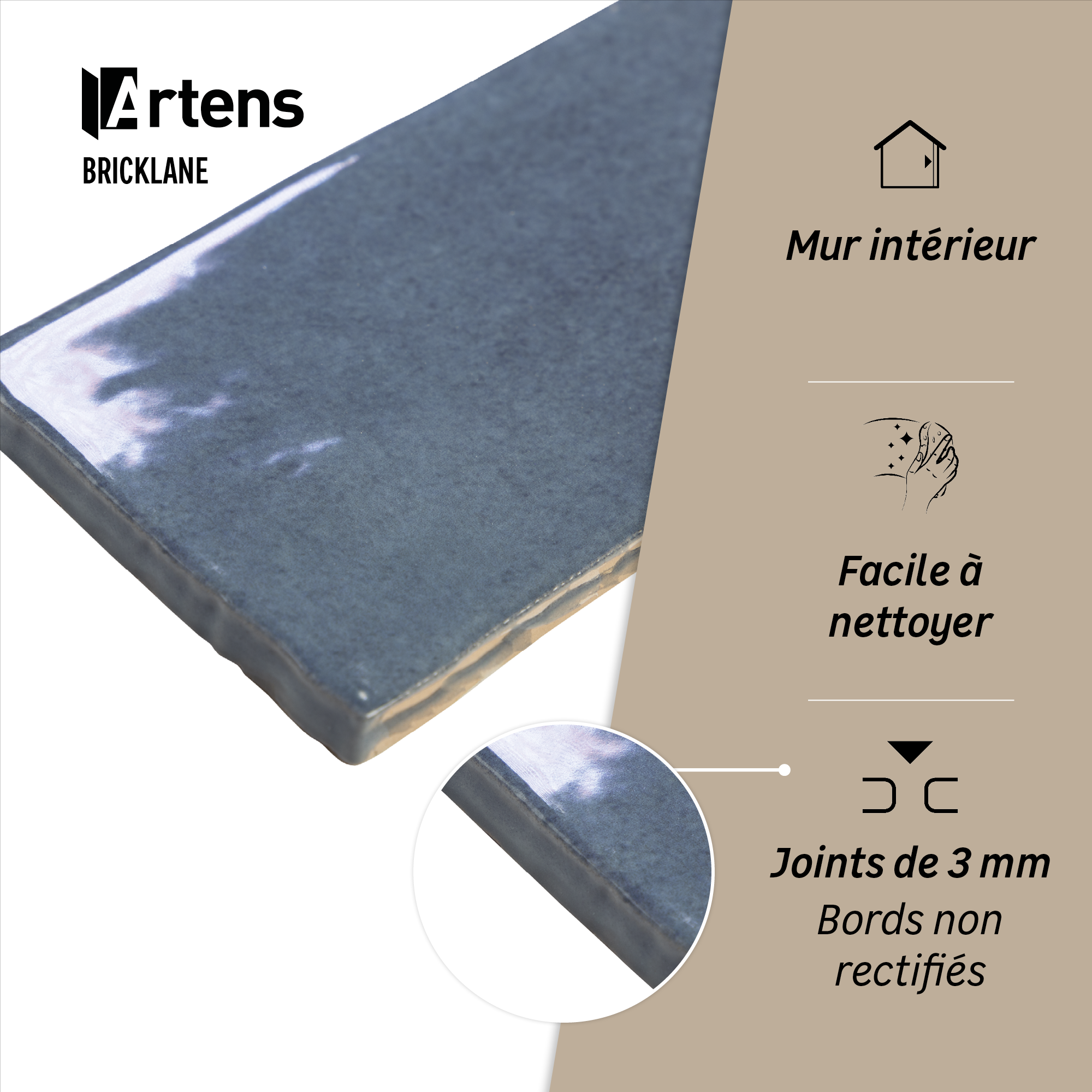 Carrelage mur intérieur effet zellige denim Bricklane l.7.4 x L.30.1 cm x Ep.8.2 - 4