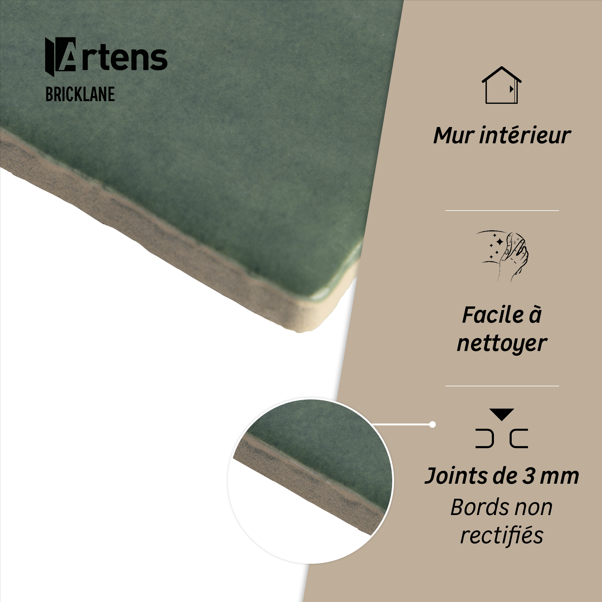 Carrelage mur intérieur Bricklane Vert foncé effet zellige l.10 x L.10cm ARTENS - 4