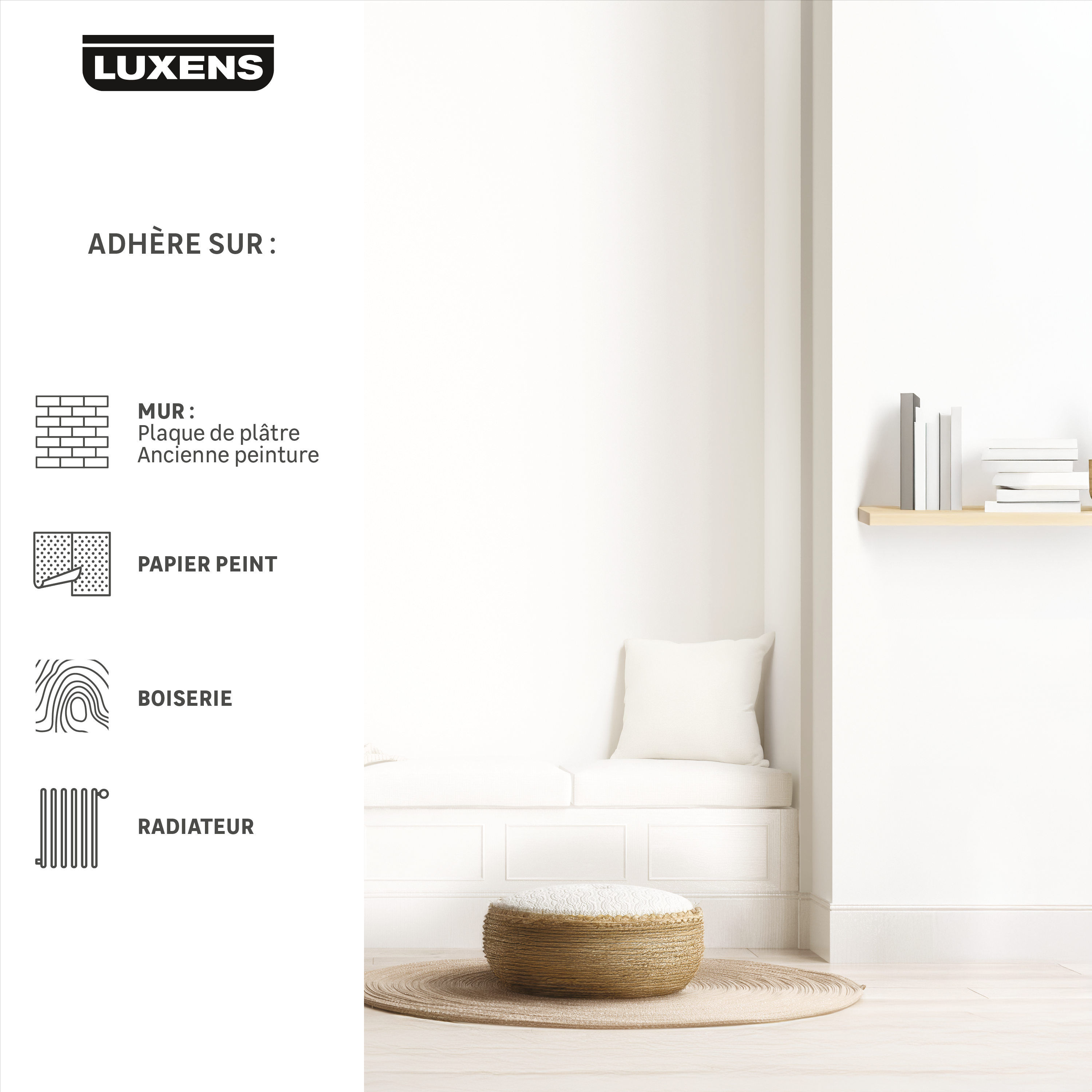 Peinture mur, boiserie, radiateur blanc satin LUXENS Couvrant 5L - 5