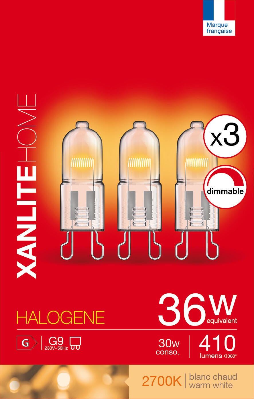 3 ampoules halogène, capsule G9, 410lm, blanc chaud, dimmables, XANLITE - 2