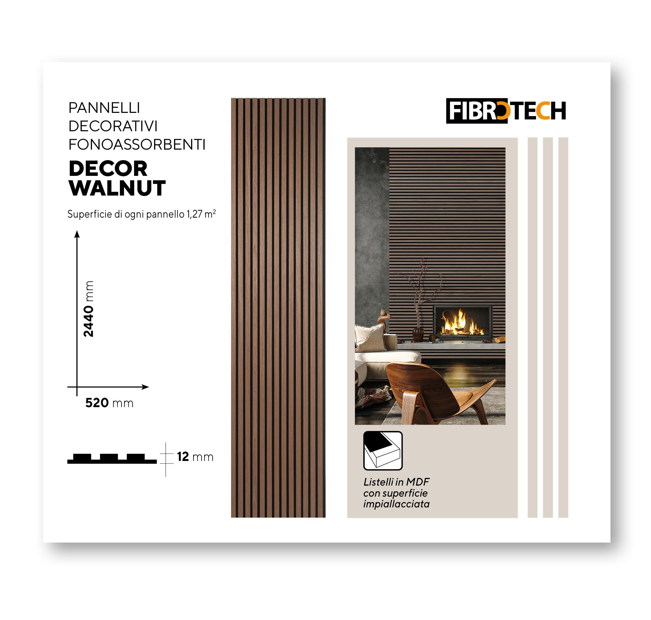 Pannello decorativo fonoassorbente Decor Walnut FIBROTECH nero e noce L 244 x L 52 cm, Sp 12 mm - 4