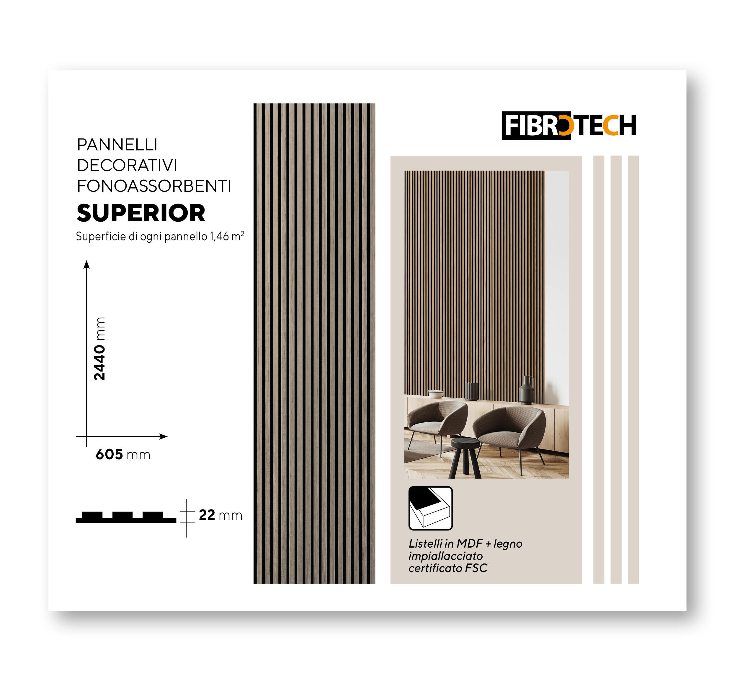 Pannello decorativo fonoassorbente Superior FIBROTECH nero e rovere scuro L 244 x L 60 cm, Sp 22 mm - 10