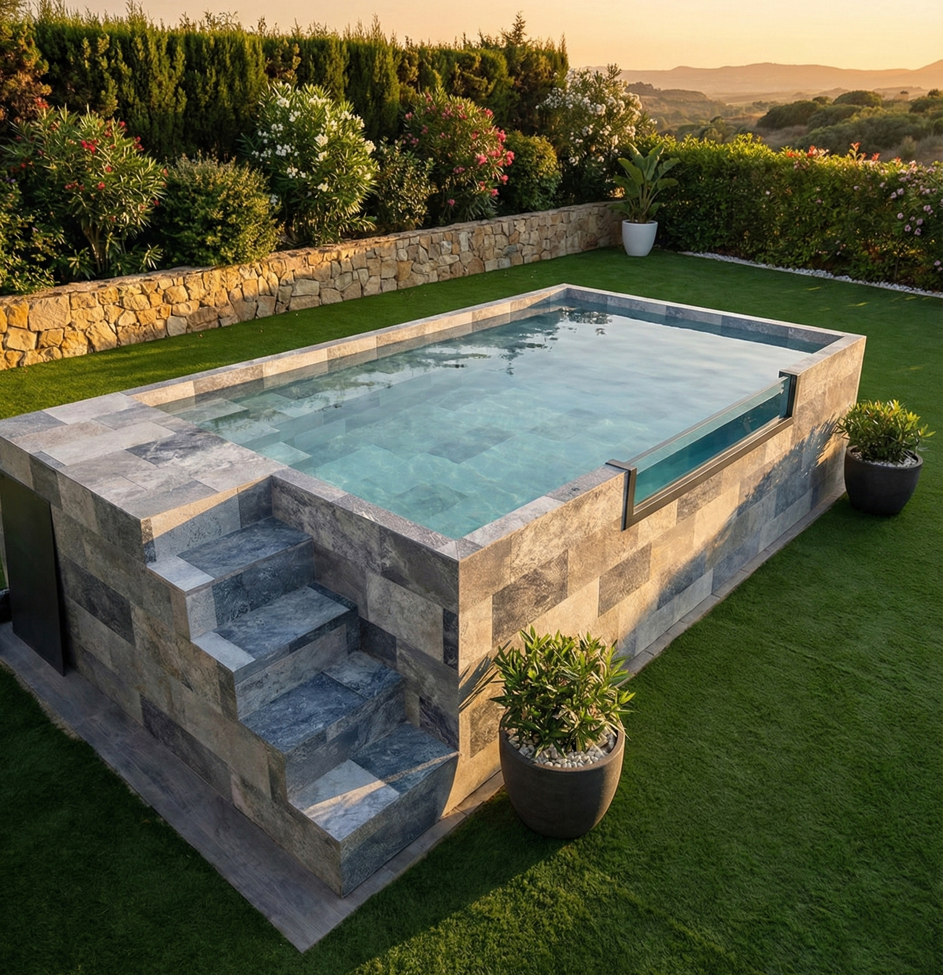 Piscina elevada de acero azul rectangular 4.9x2.2x1.12 m con depuradora de cartucho y escalera de obra kitpool