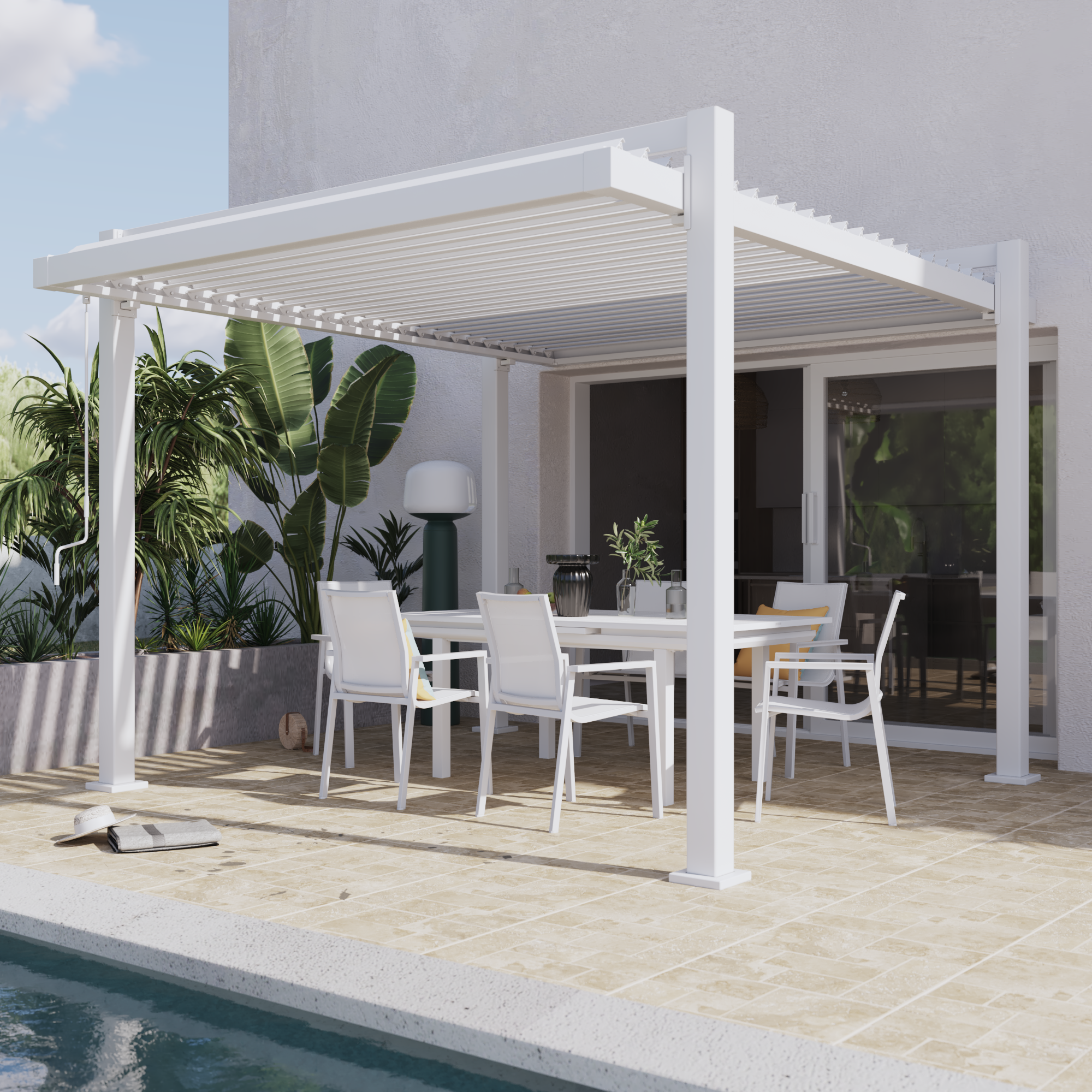 pergola bioclimatica de aluminio naterial odyssea blanca y lama blanca de 320 x 3585 x 247 cm manual
