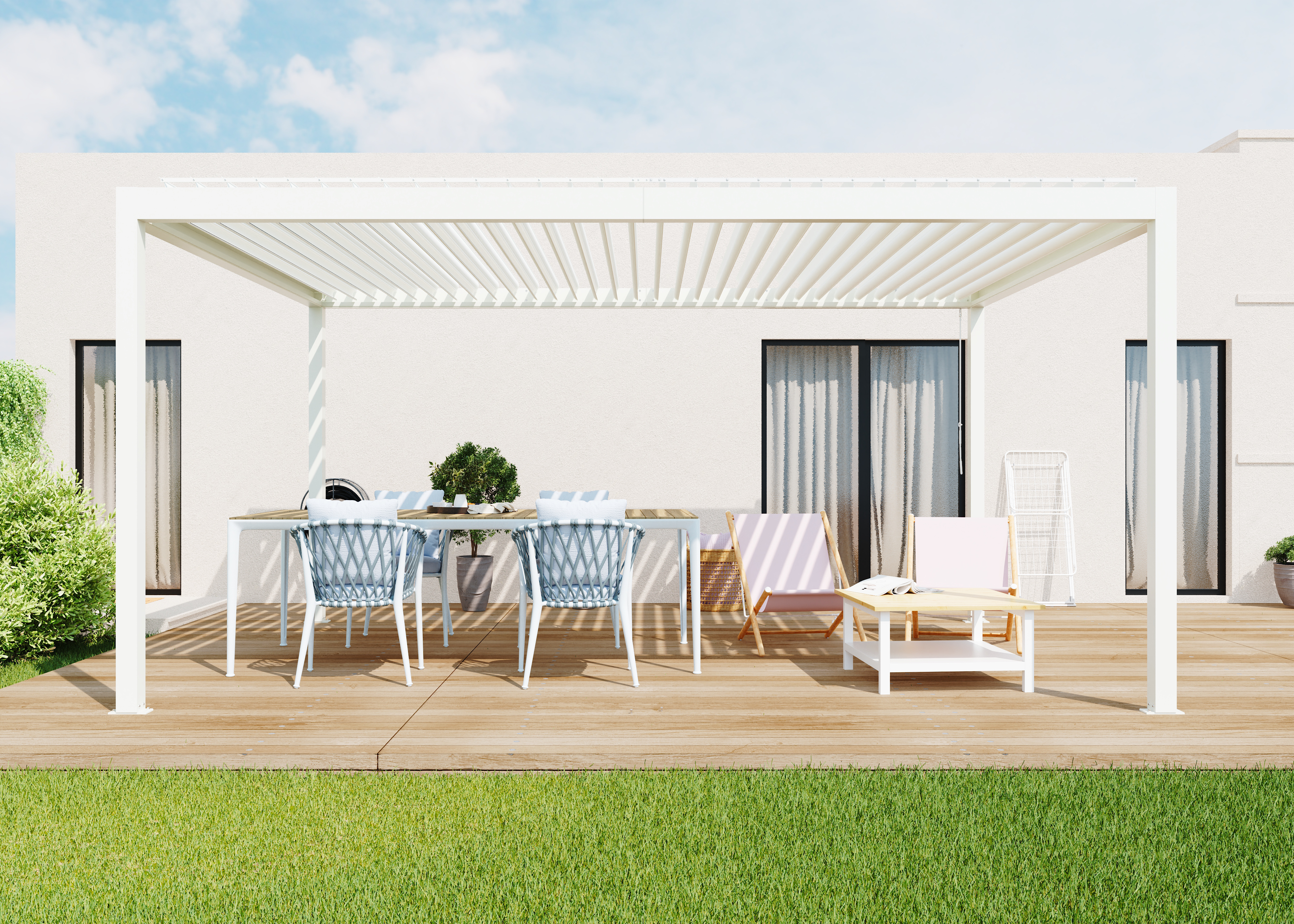 pergola bioclimatica de aluminio tieral caleta blanca y lama blanca de 503 x 350 x 257 cm manual