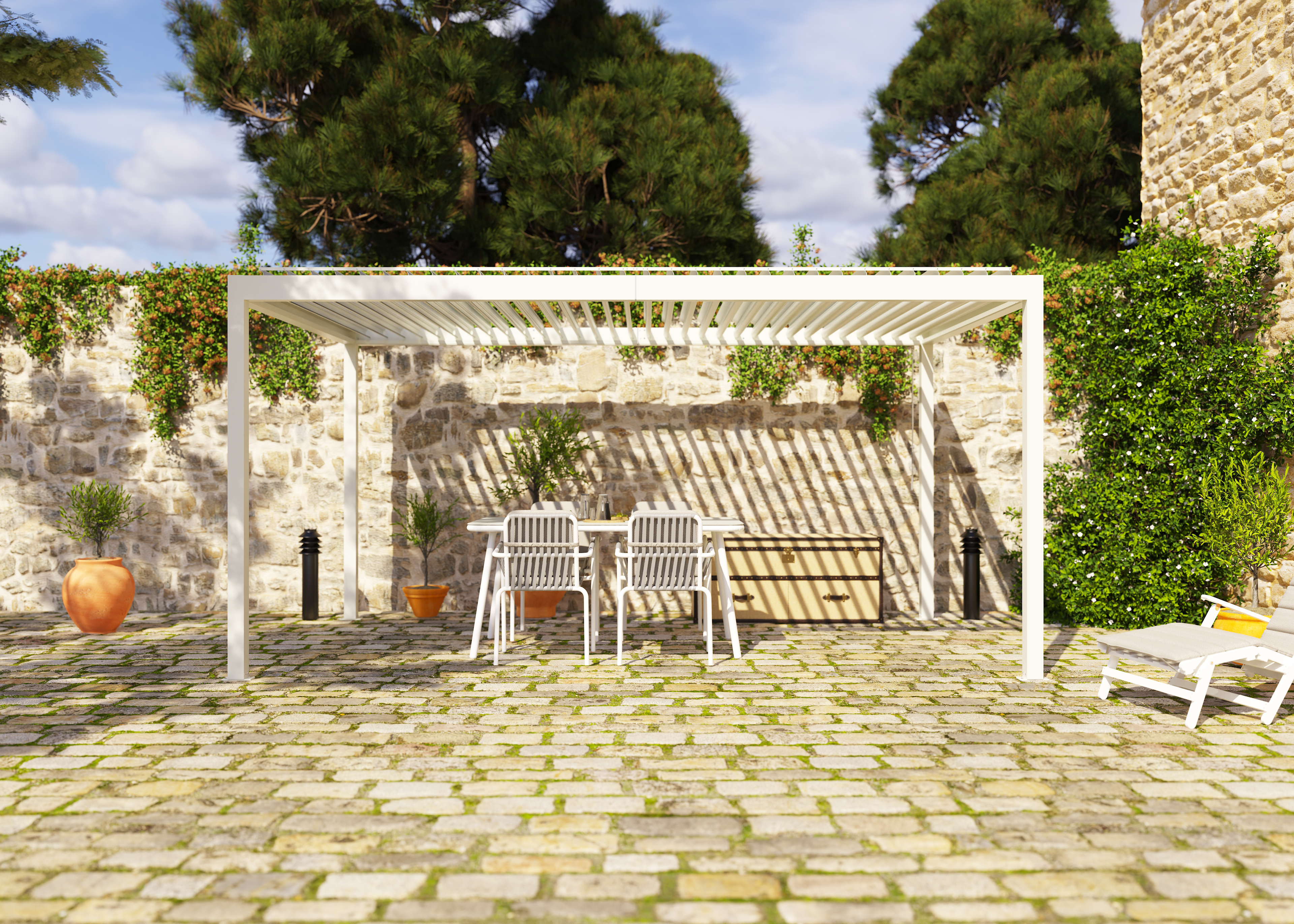 pergola bioclimatica de aluminio tieral caleta blanca y lama blanca de 503 x 308 x 257 cm manual