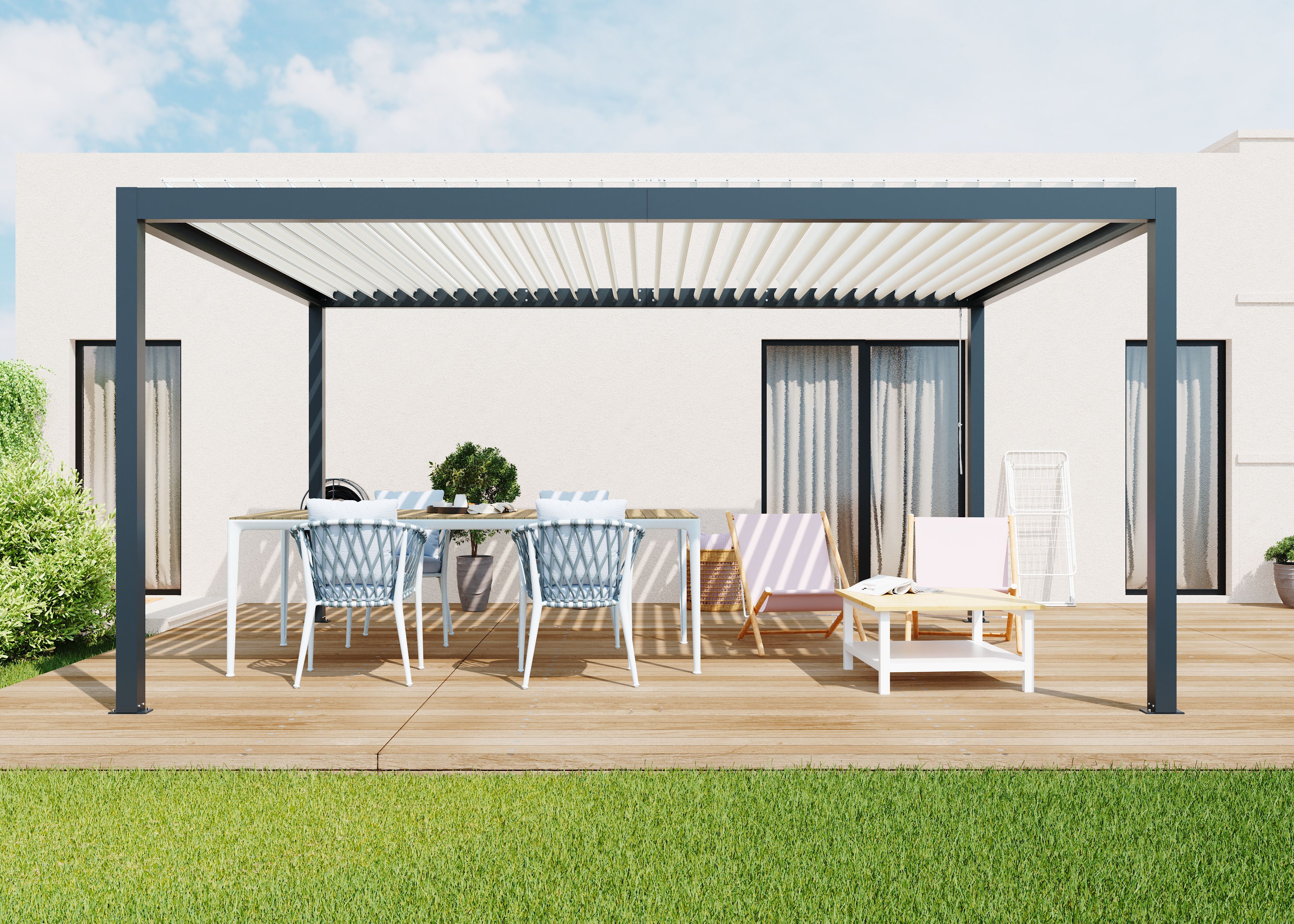 pergola bioclimatica de aluminio tieral caleta gris y lama blanca de 503 x 350 x 257 cm manual