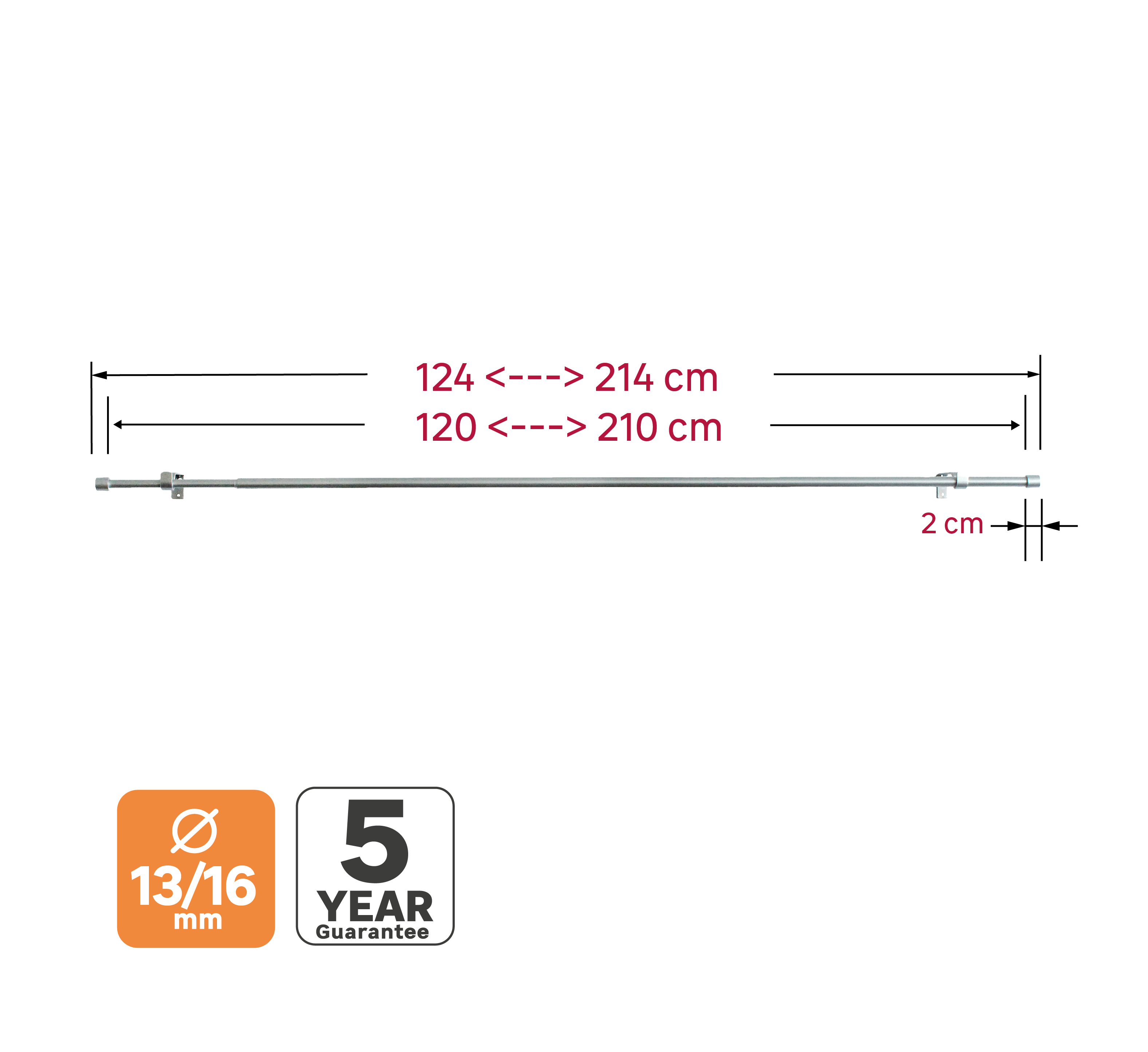 Kit de tringle à rideaux argent Cap, L.120 - 210 cm, diam.16 mm, INSPIRE - 5