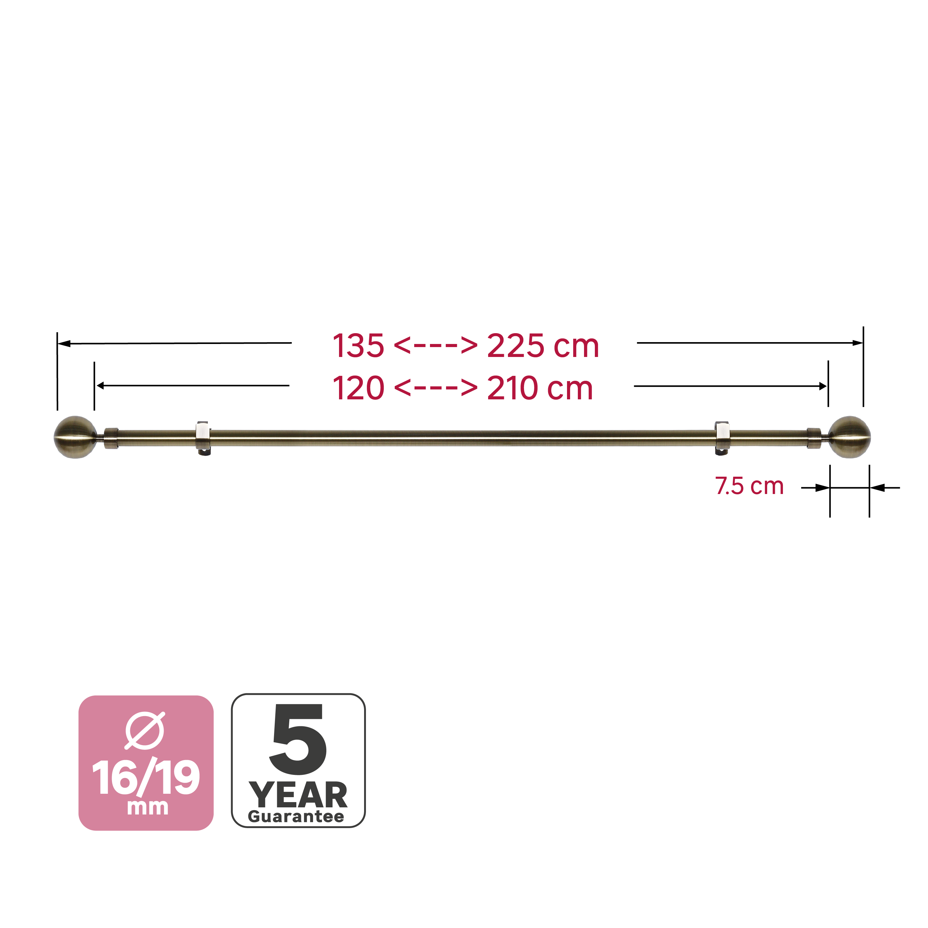 Kit de tringle à rideaux doré vieilli Ball, L.120 - 210 cm, diam.19 mm, INSPIRE - 4