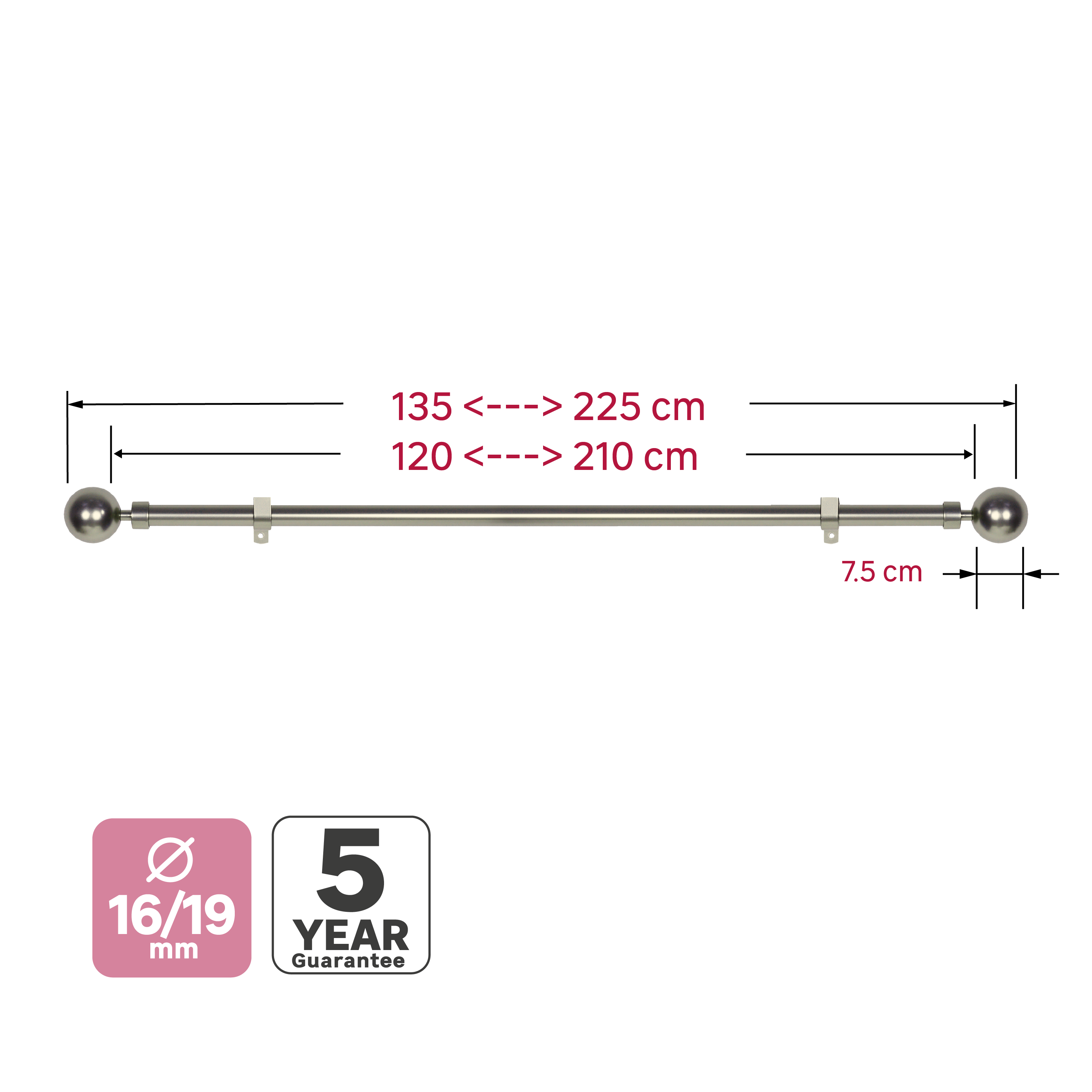 Kit de tringle à rideaux nickel Ball, L.120 - 210 cm, diam.19 mm, INSPIRE - 4