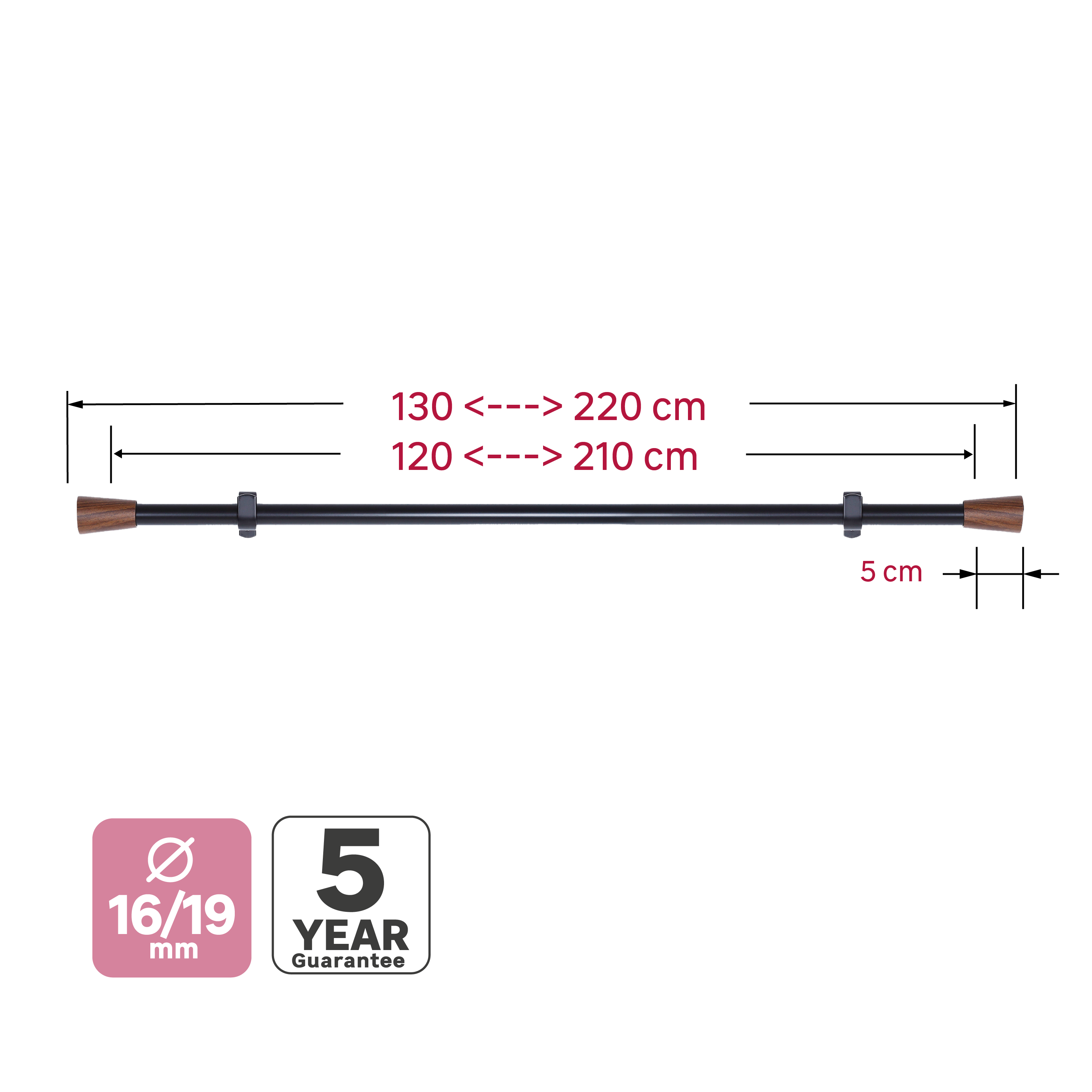 Kit de tringle à rideaux noir Cripta, L.120 - 210 cm, diam.19 mm, INSPIRE - 4