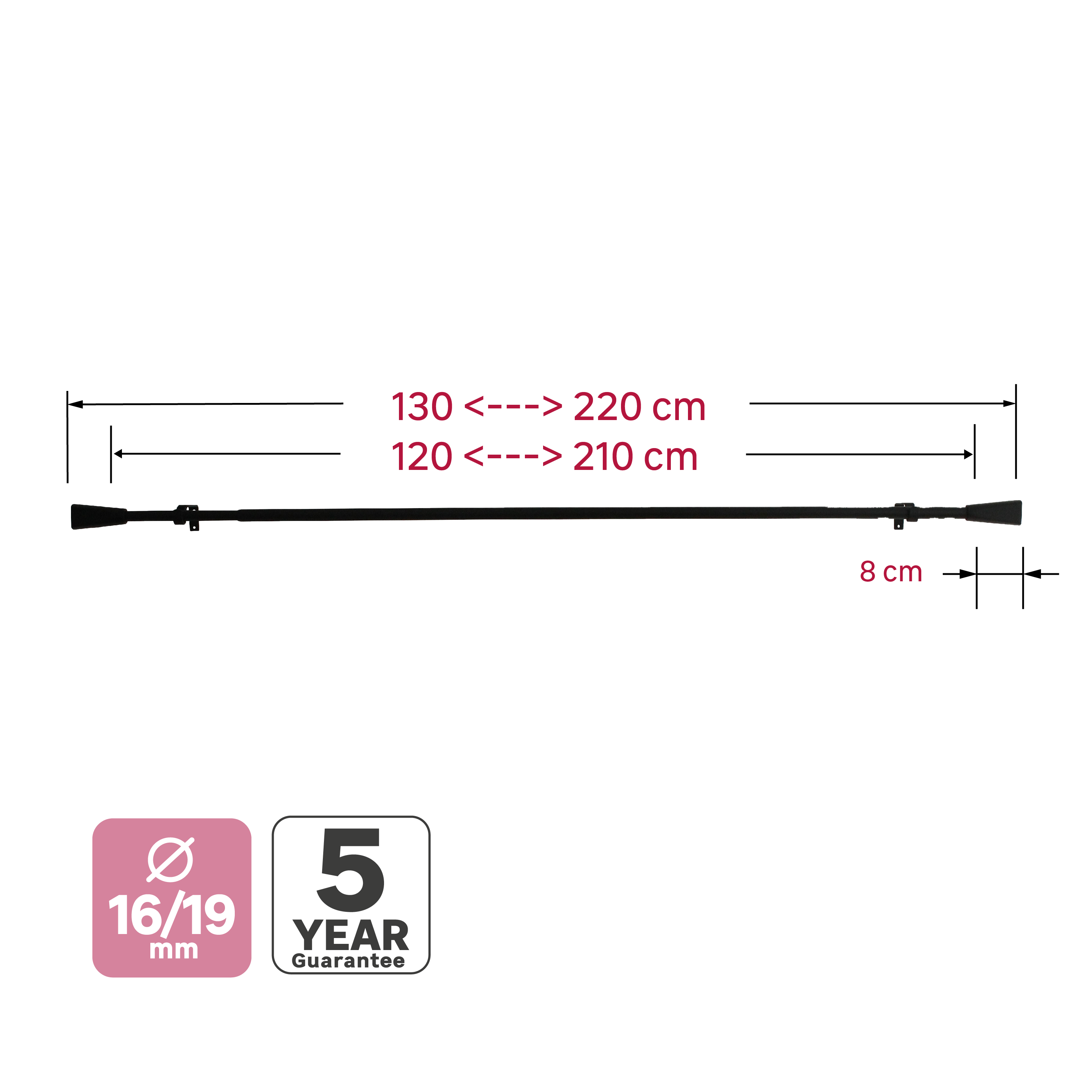 Kit de tringle à rideaux noir Pommel, L.120 - 210 cm, diam.19 mm, INSPIRE - 4