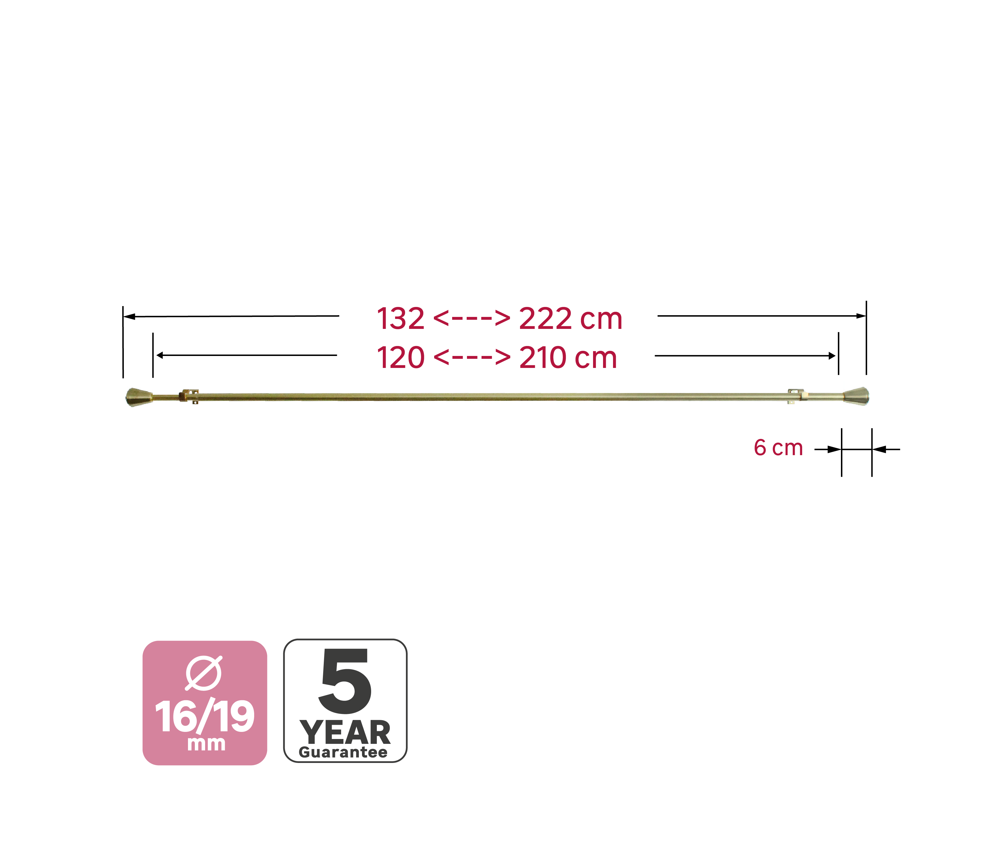 Kit de tringle à rideaux doré Orno, L.120 - 210 cm, diam.19 mm, INSPIRE - 4