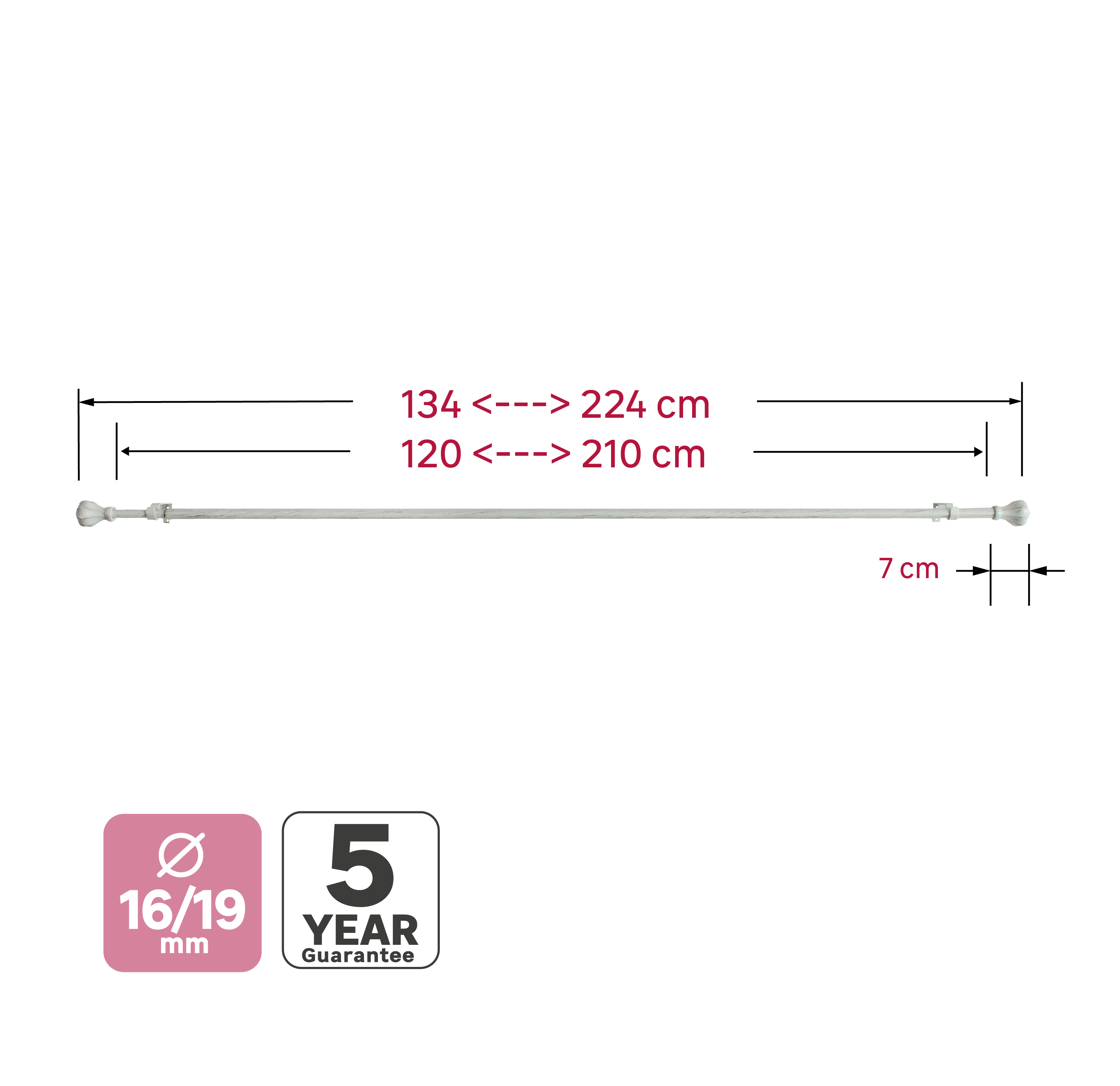 Kit de tringle à rideaux blanc Pistyl, L.120 - 210 cm, diam.19 mm, INSPIRE - 4