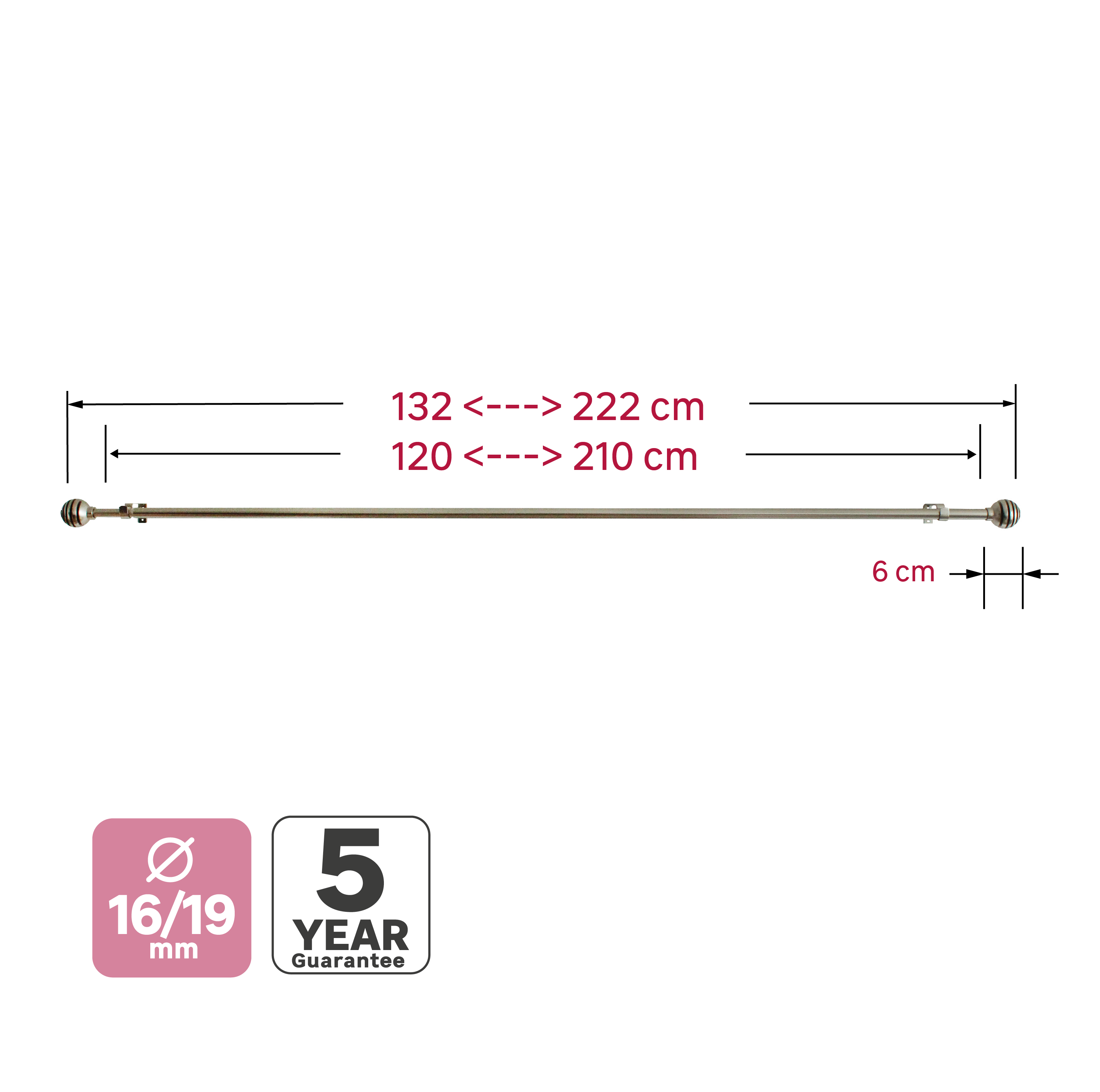 Kit de tringle à rideaux nickel Elip, L.120 - 210 cm, diam.19 mm, INSPIRE - 4