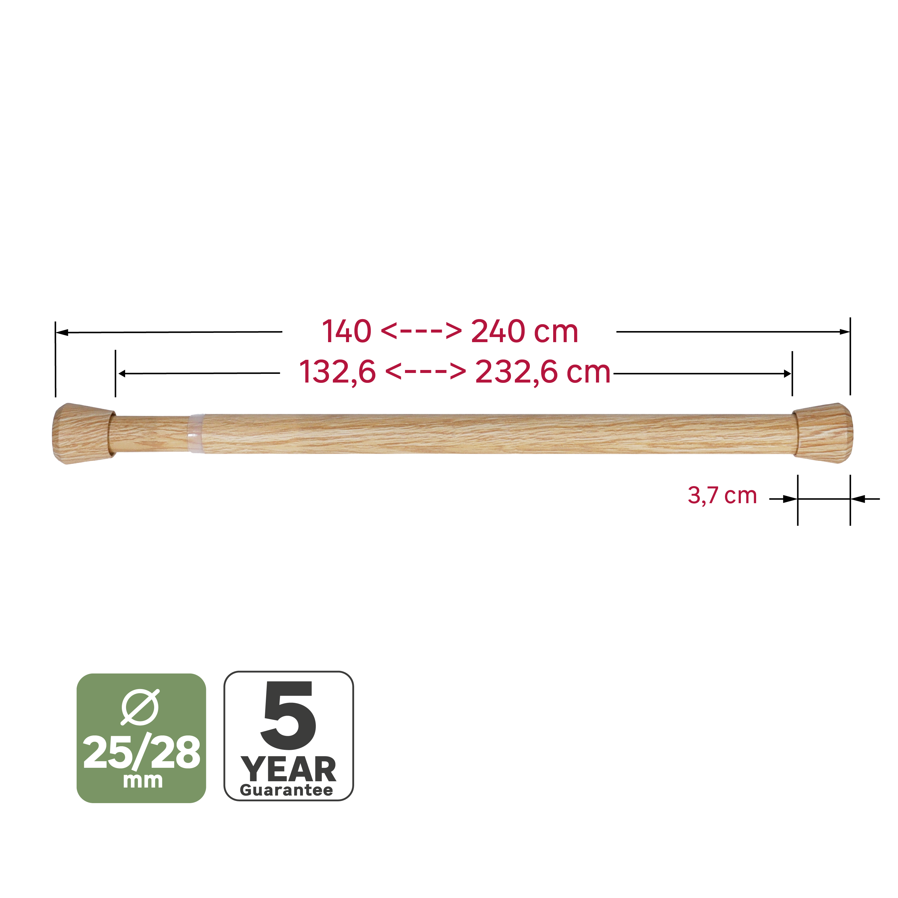 Kit bastone per tenda a pressione estensibile da 140 a 240 cm Fuji in acciaio verniciato beige opaco Ø 28 mm INSPIRE - 7
