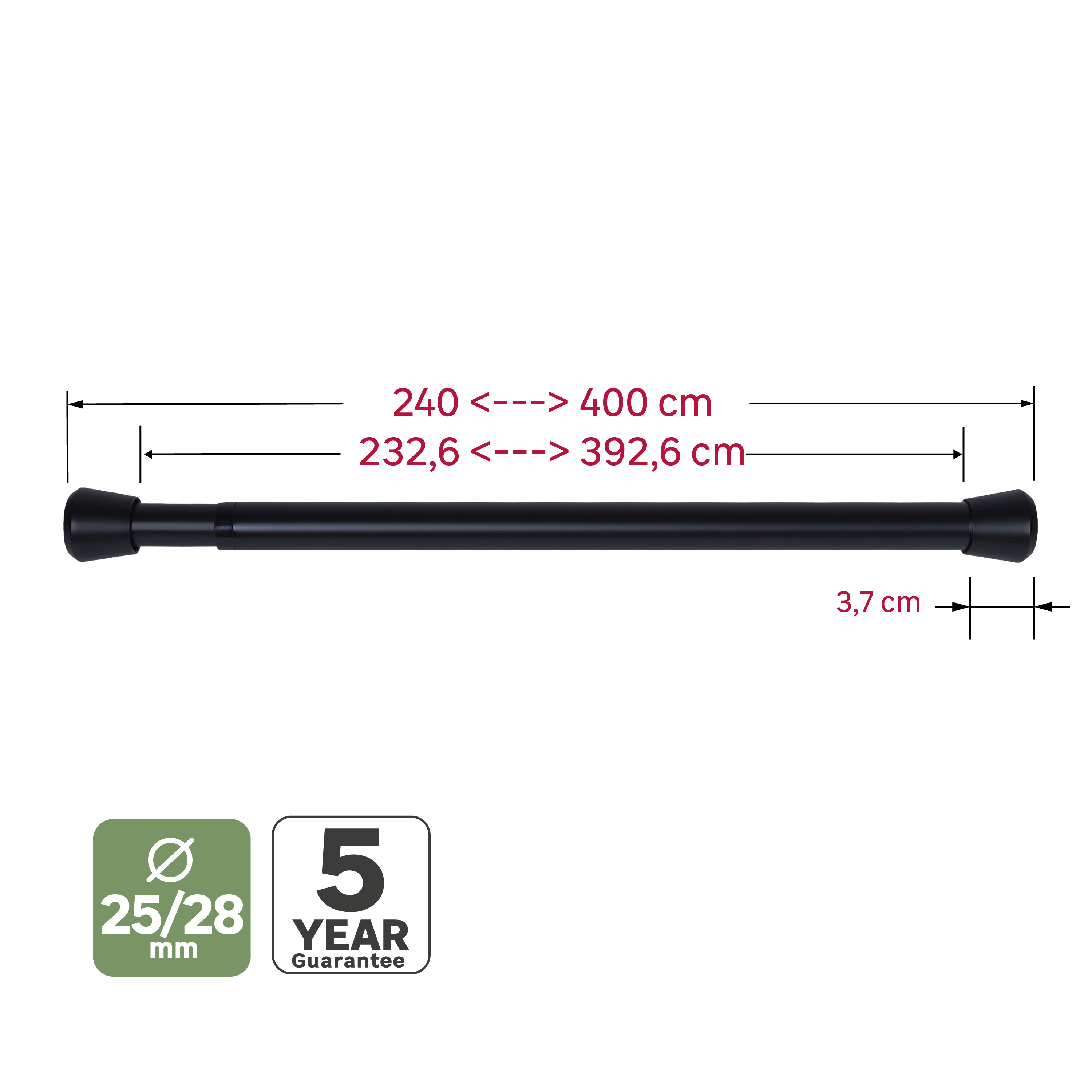Kit varões extensível 400cm D28mm aço preto Inspire - 4