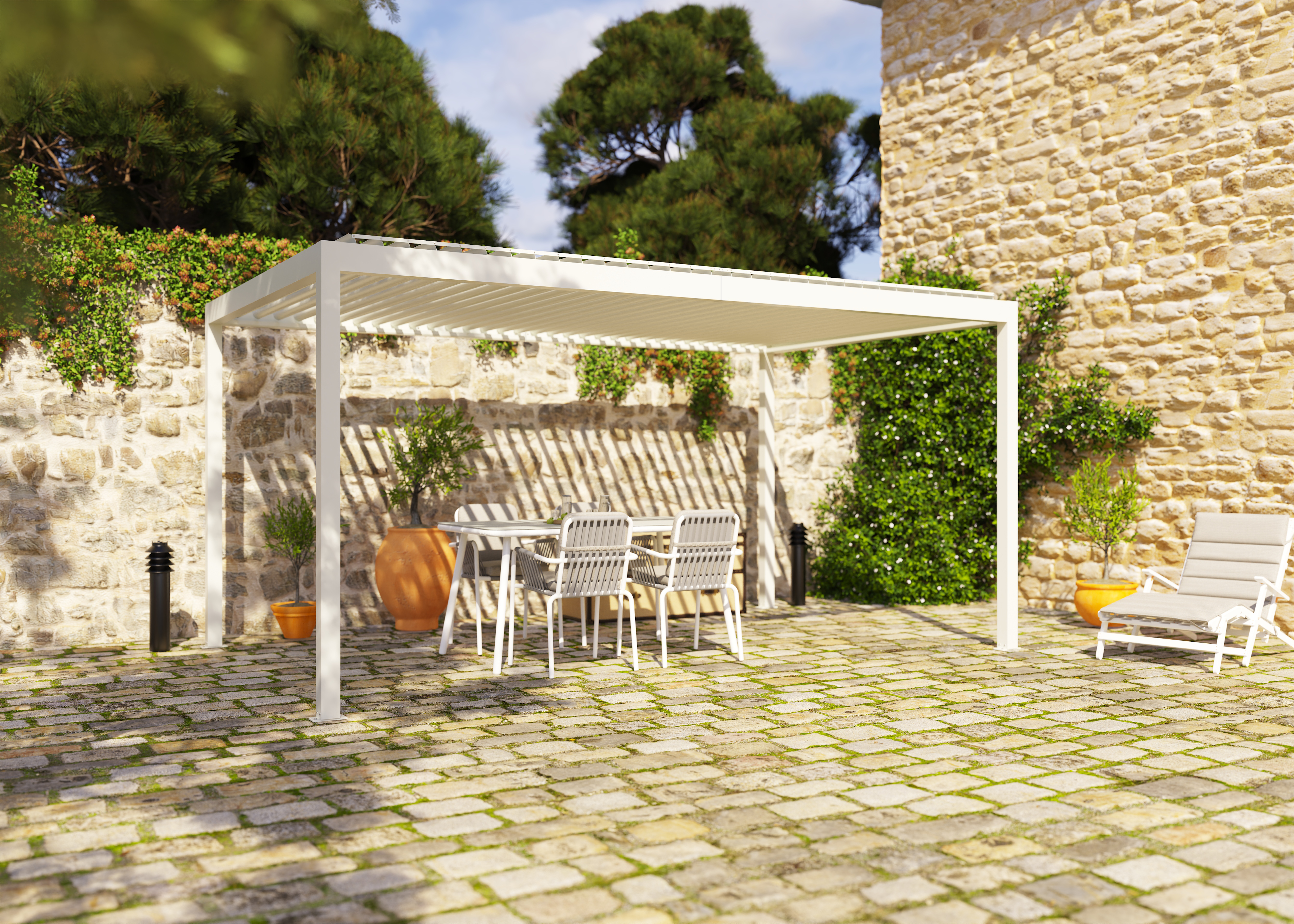 pergola bioclimatica de aluminio tieral caleta blanca y lama blanca de 503 x 308 x 262 cm motorizada con led
