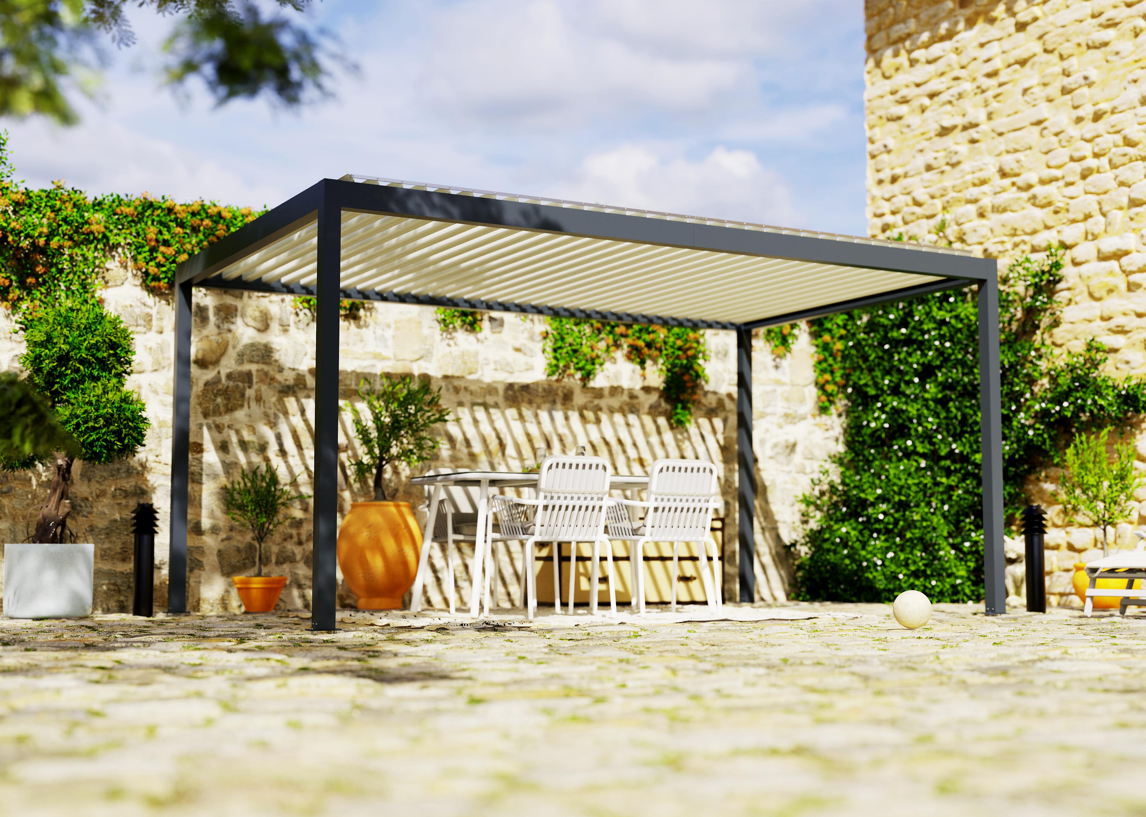 pergola bioclimatica de aluminio tieral caleta gris y lama blanca de 503 x 308 x 262 cm motorizada con led