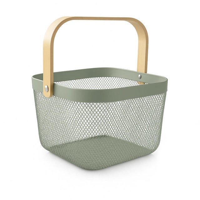 Cesta NOA de acero con agarre de bambú color verde 25x25x18cm