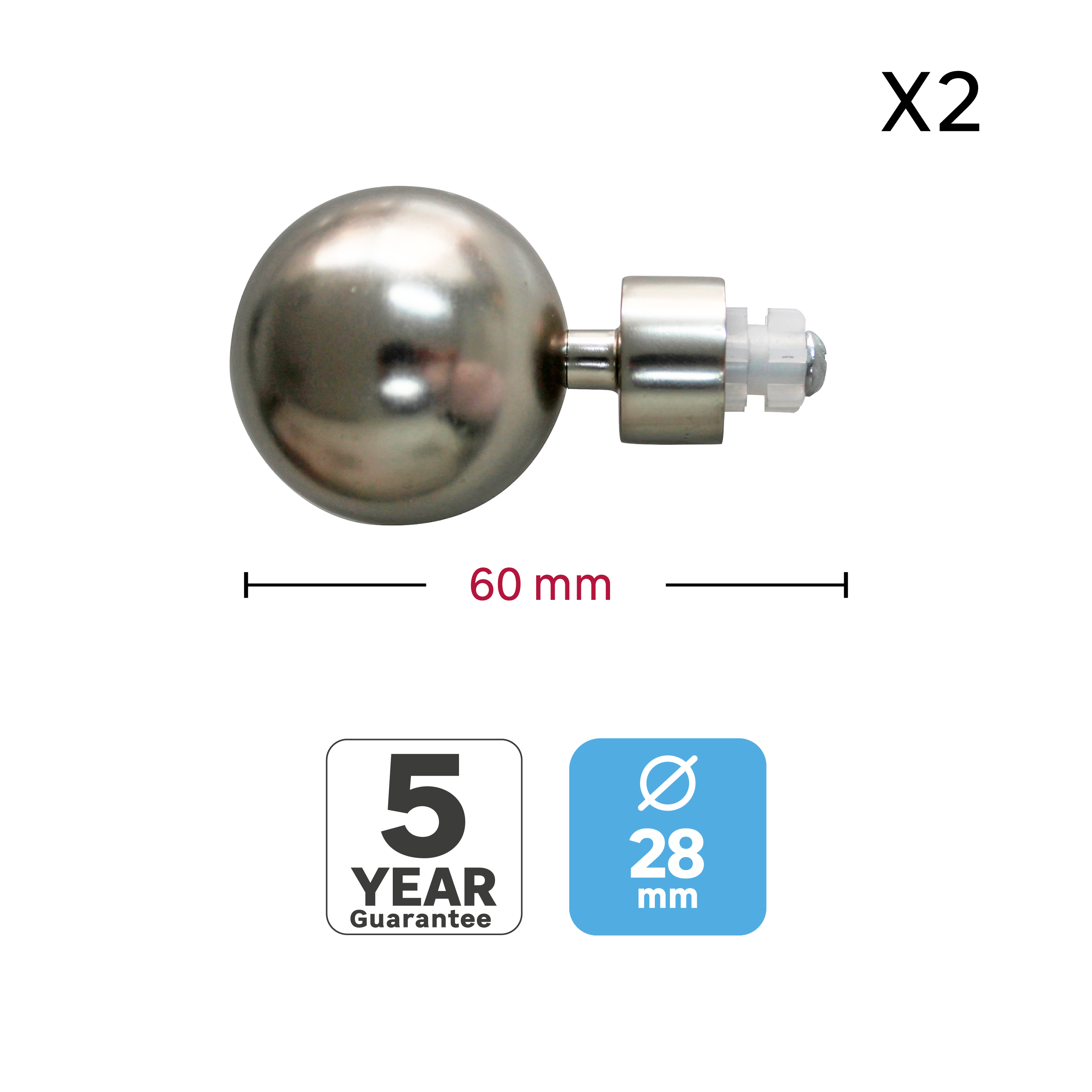 2 terminais para varão de cortina D28mm aço Kali cromado mate Inspire cinza - 4