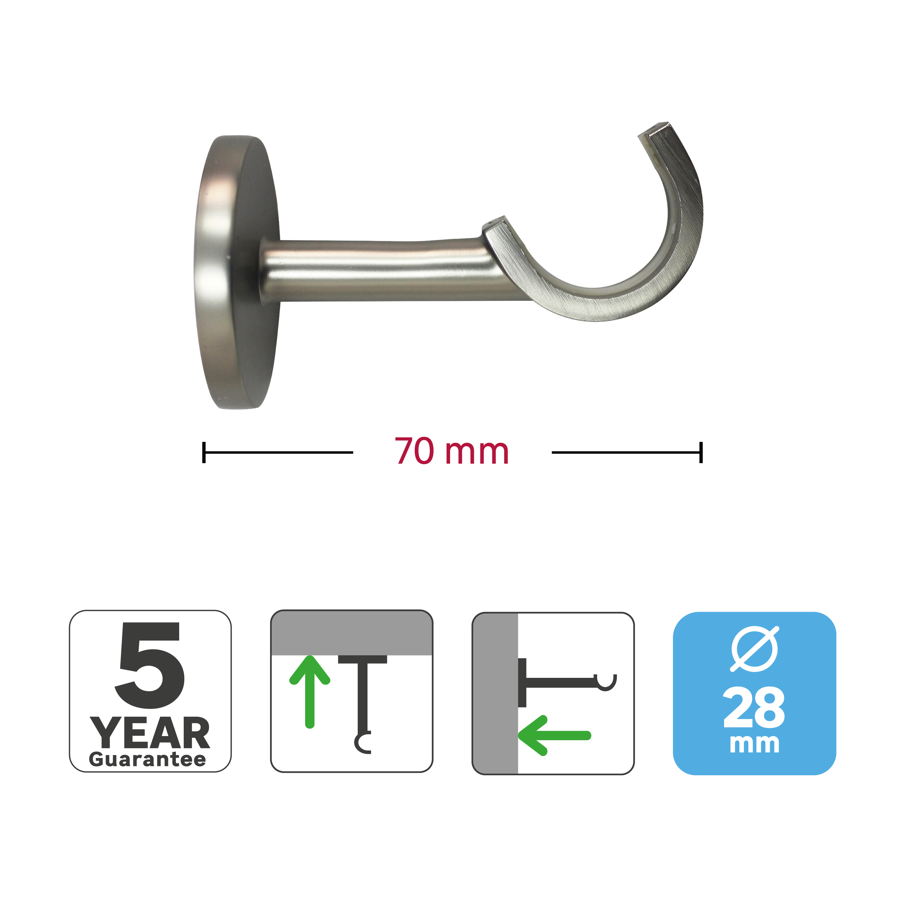 1 Soporte pared techo para barra diámetro 28 mm Design INSPIRE Aluminio cromo mate niquelado fijo 7 cm - 3
