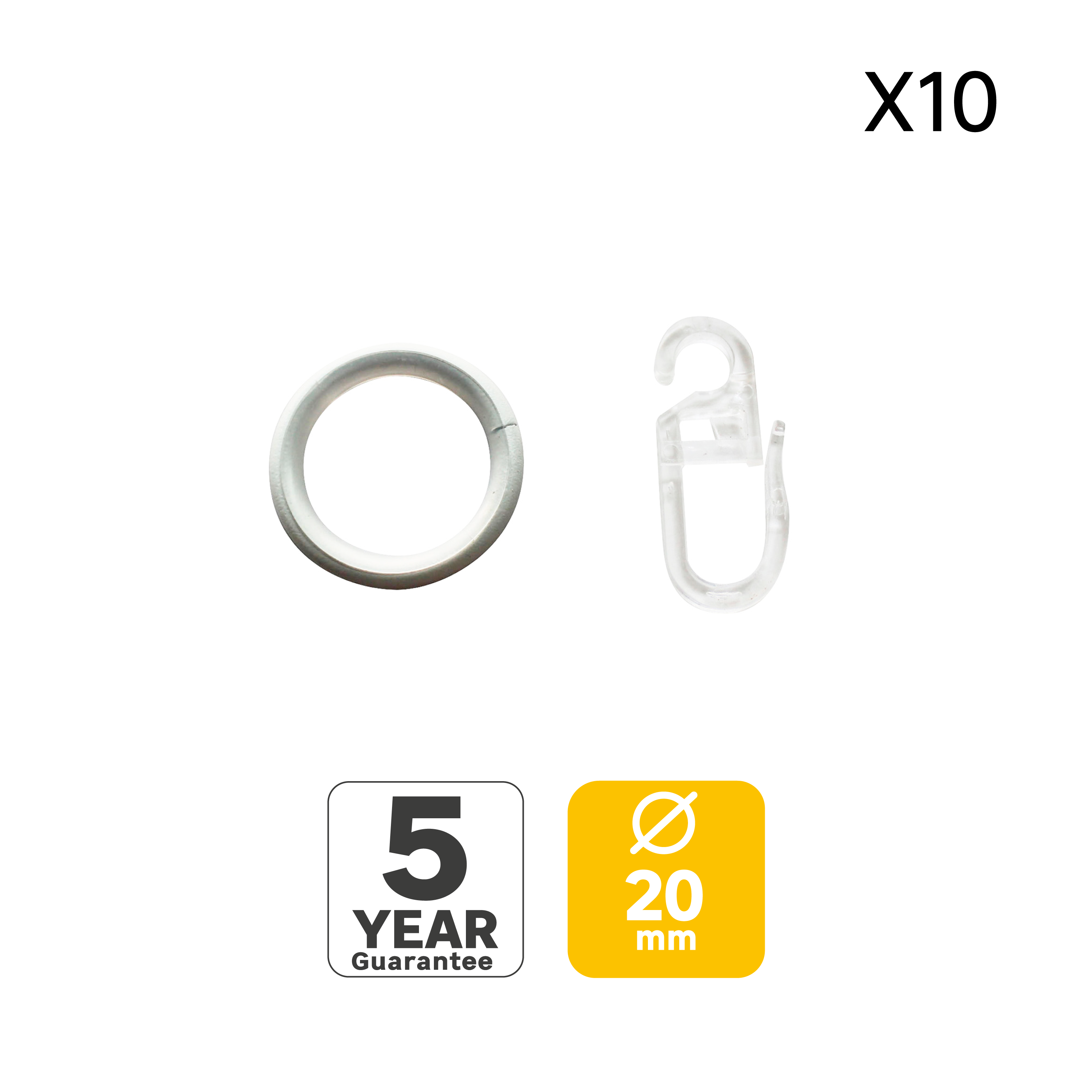 10 Anillas para barra de cortina 20 mm redondas acero INSPIRE blanco mate barnizado  con gancho y anillo silencioso - 2