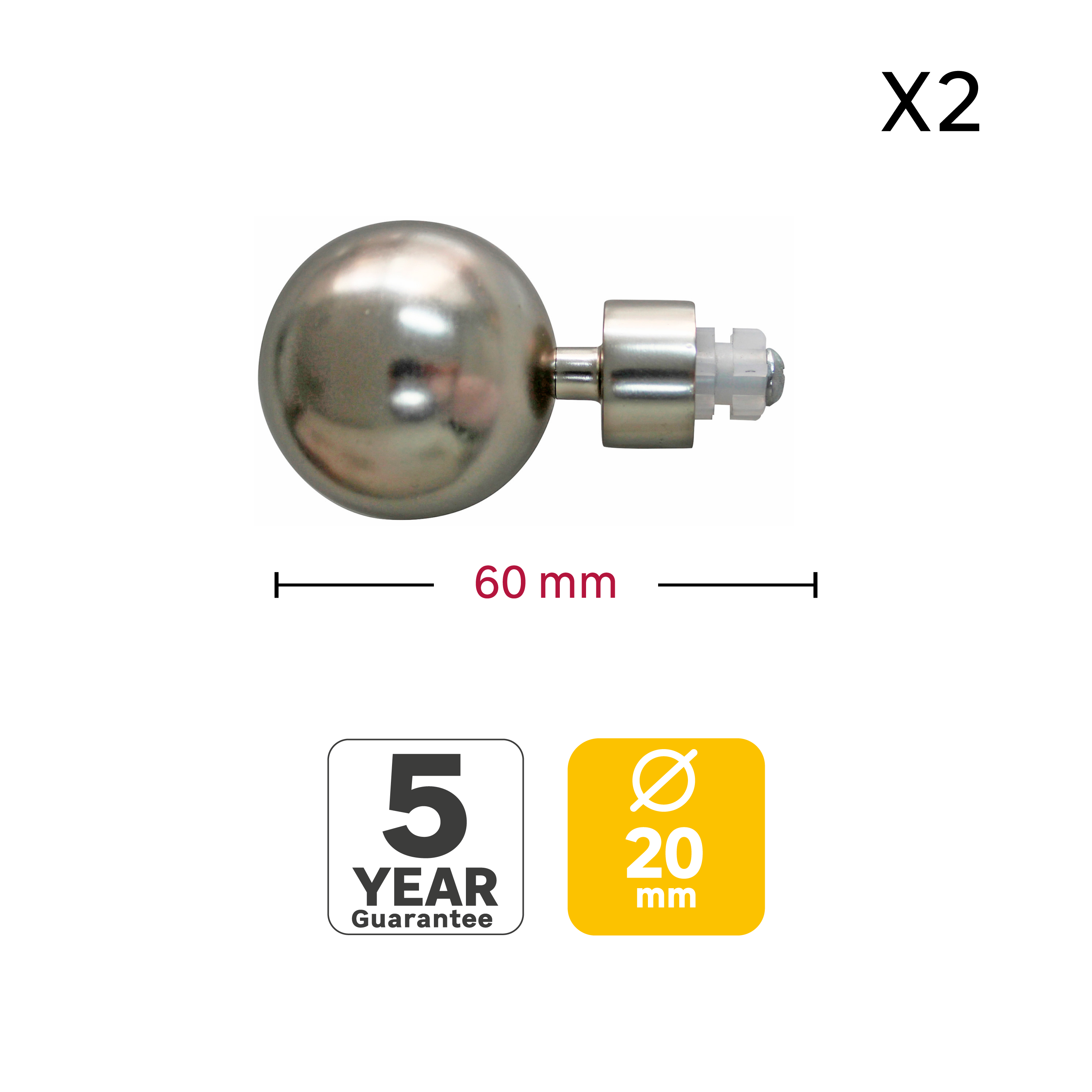 2 terminais para varão de cortina D20mm aço easyfix cromado mate Inspire cinza - 3