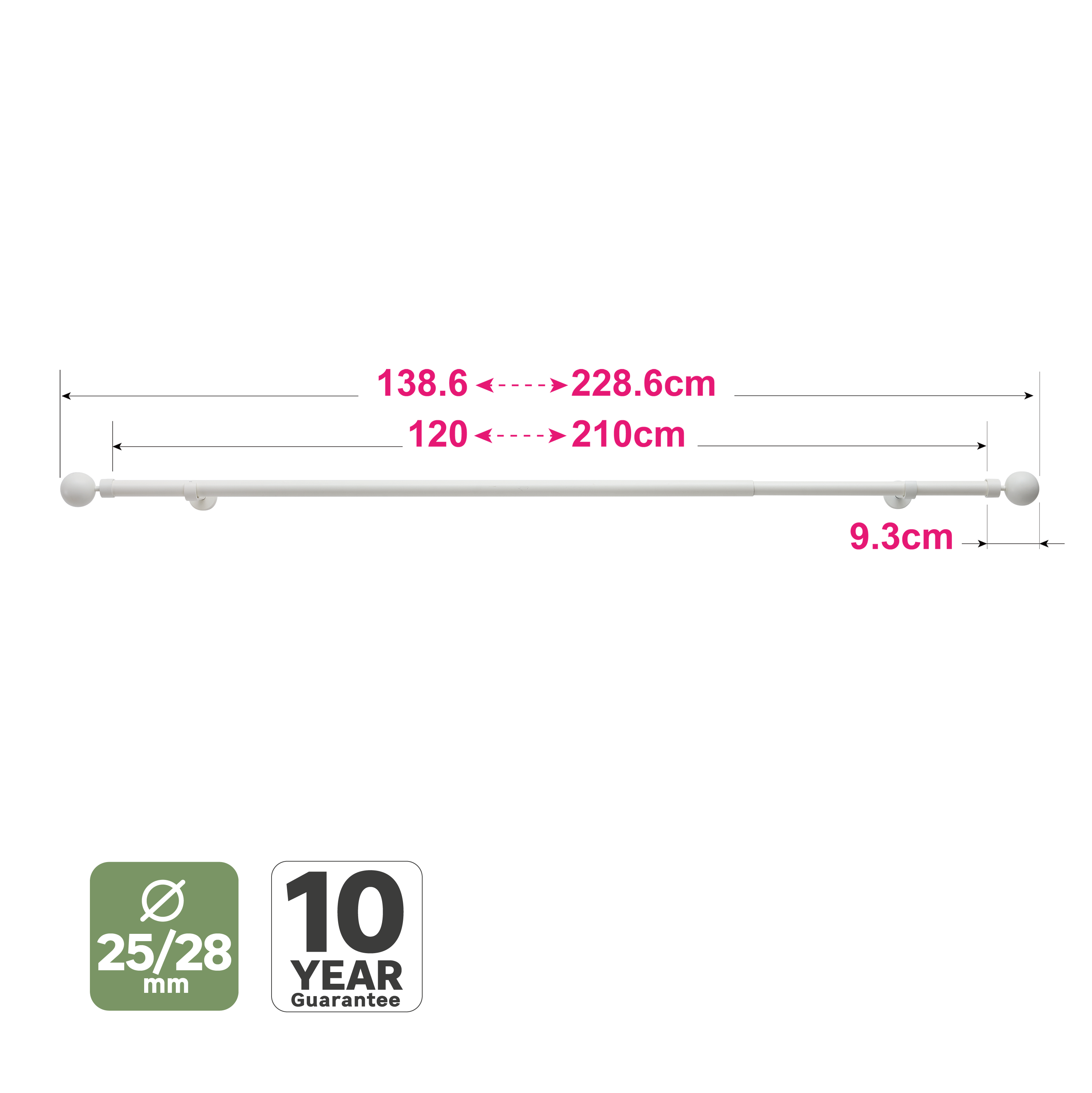 Kit varões extensível 210cm Bola D28mm aço branco Inspire - 6