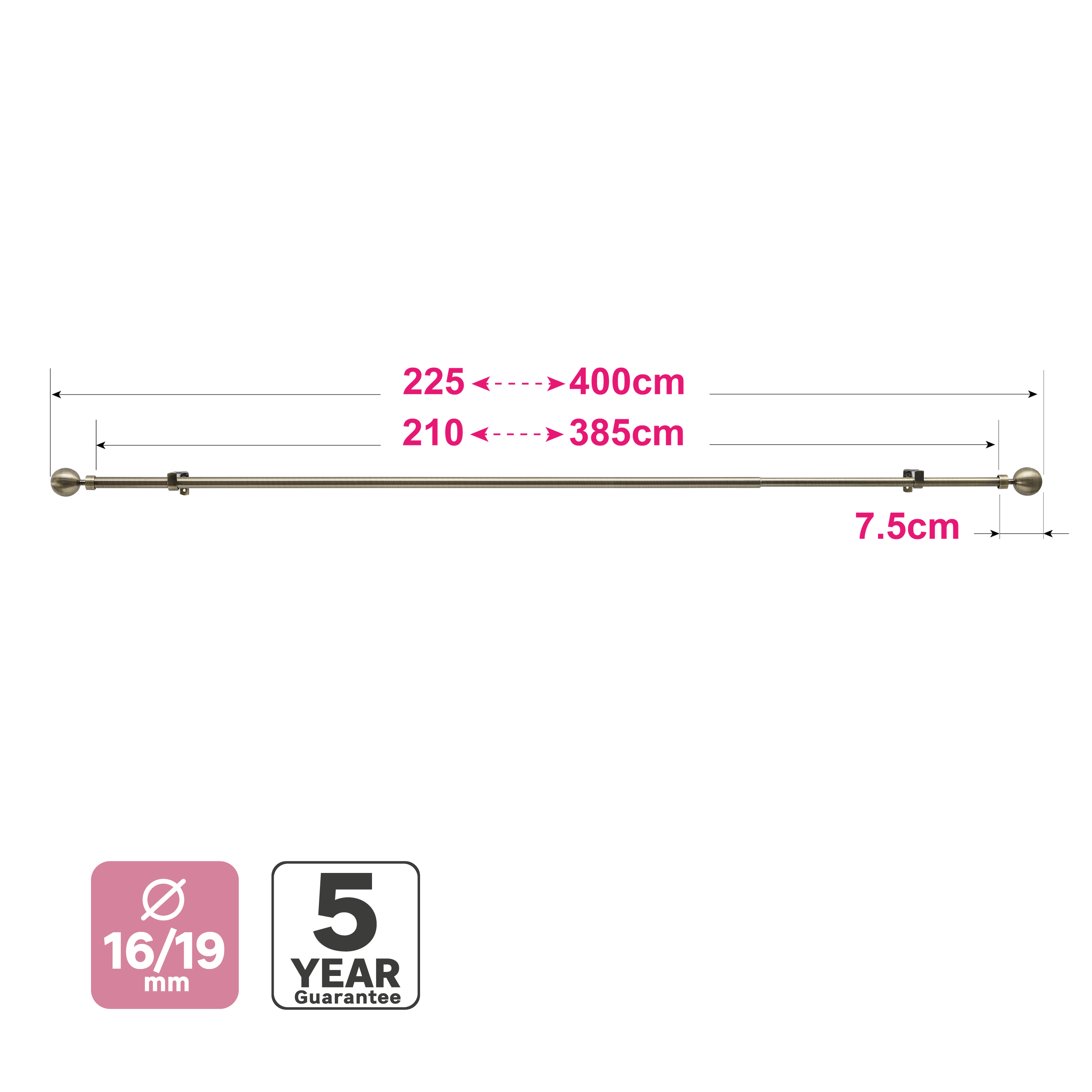 Kit 1 barra para cortina acero bronce satinado a pared Ball INSPIRE diámetro 19 mm extensible 160-385 cm - 3