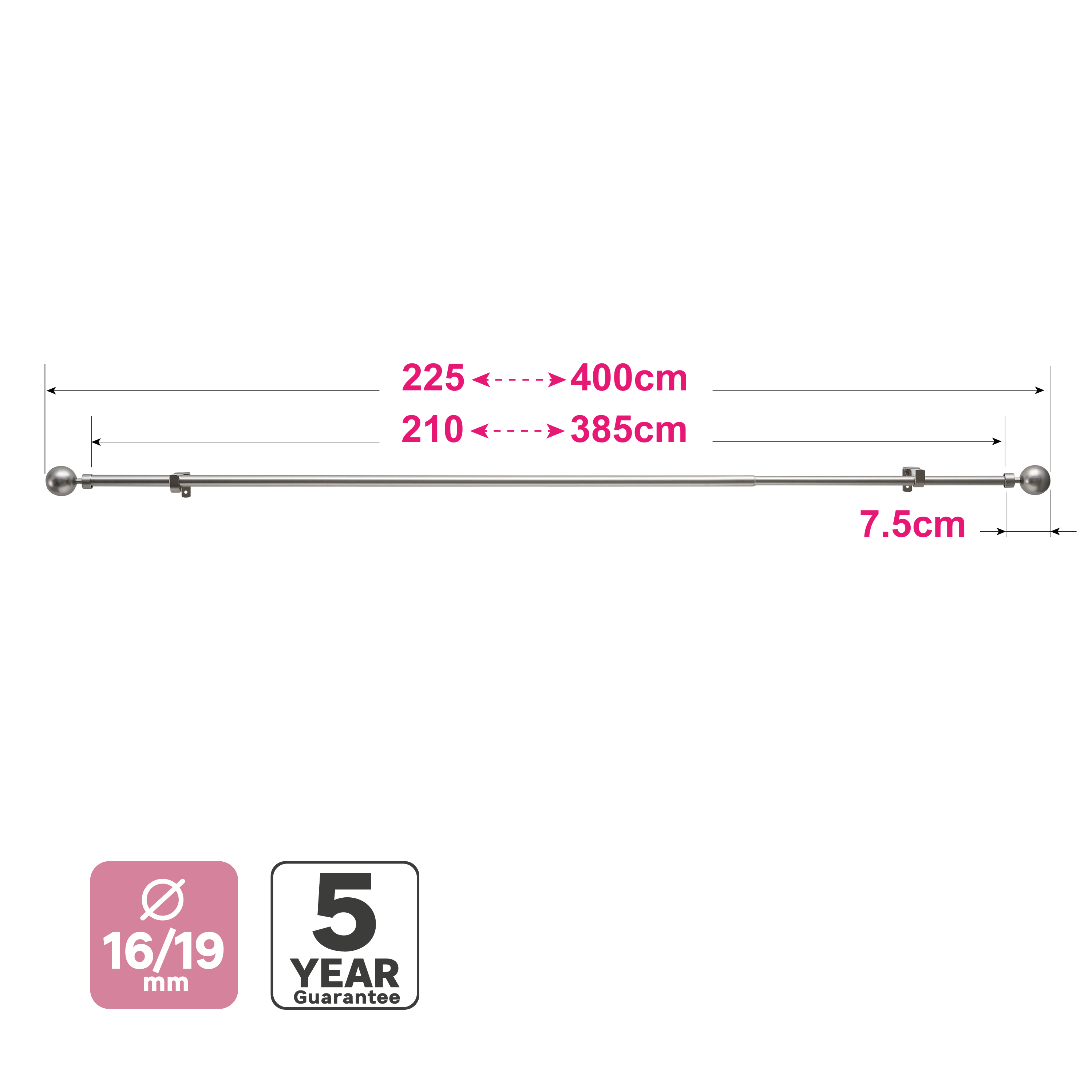 Kit 1 barra para cortina acero cromo mate a pared Ball INSPIRE diámetro 19 mm extensible 210-385 cm - 2