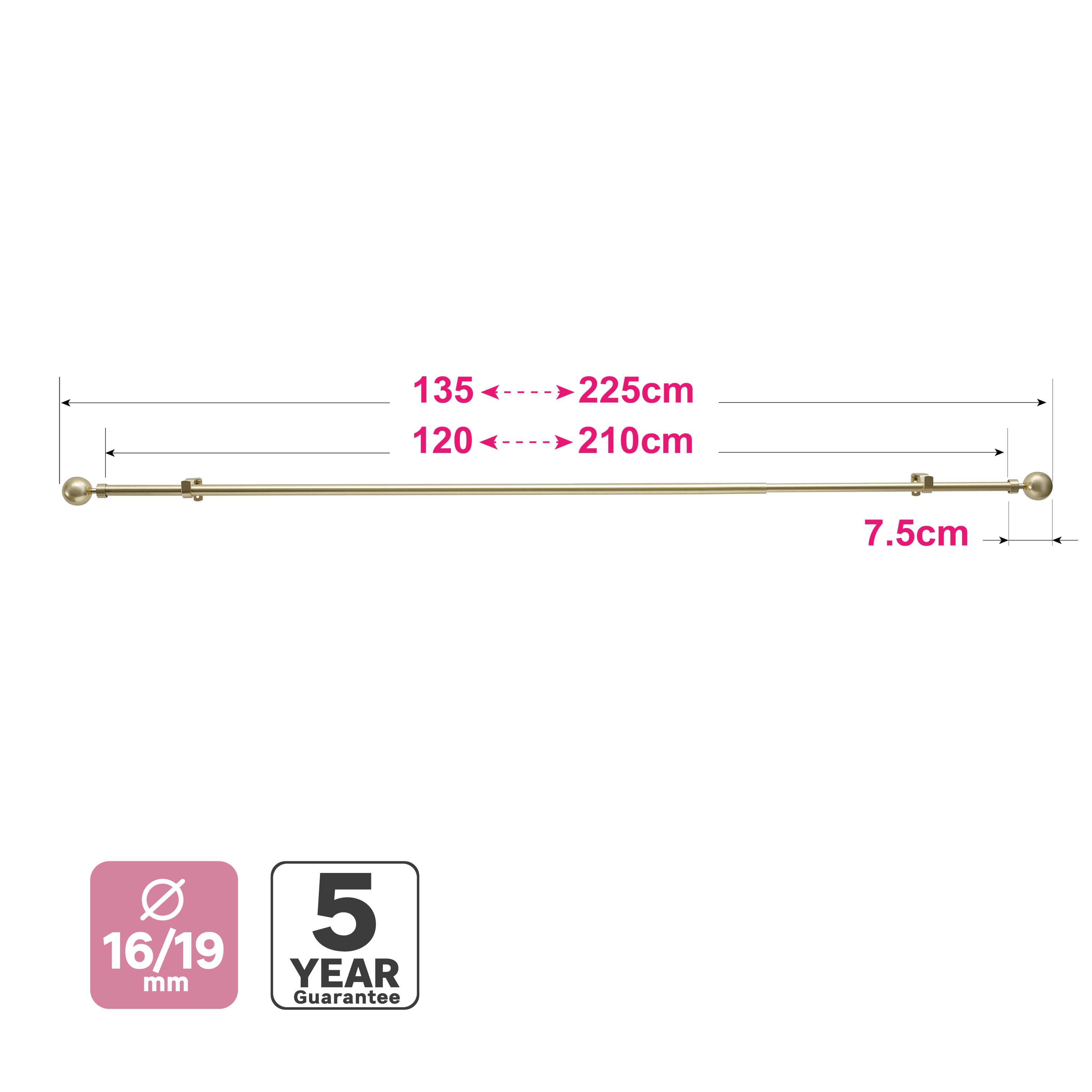 Kit de tringle à rideaux doré Ball, L.120 - 210.0 cm, diam.19.0 mm, INSPIRE - 4