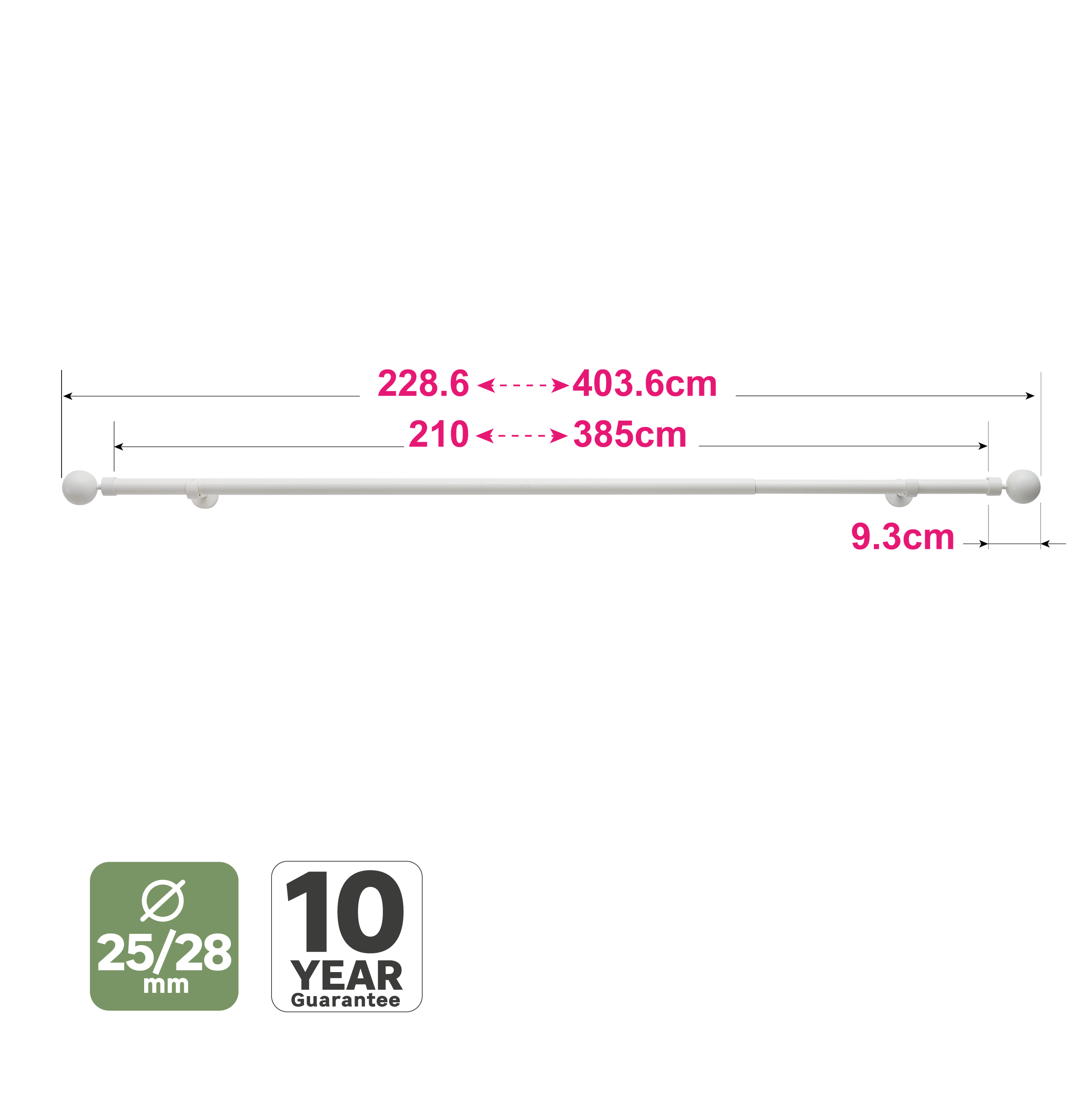 Kit de varões extensível de alumínio 28mm branco - 6