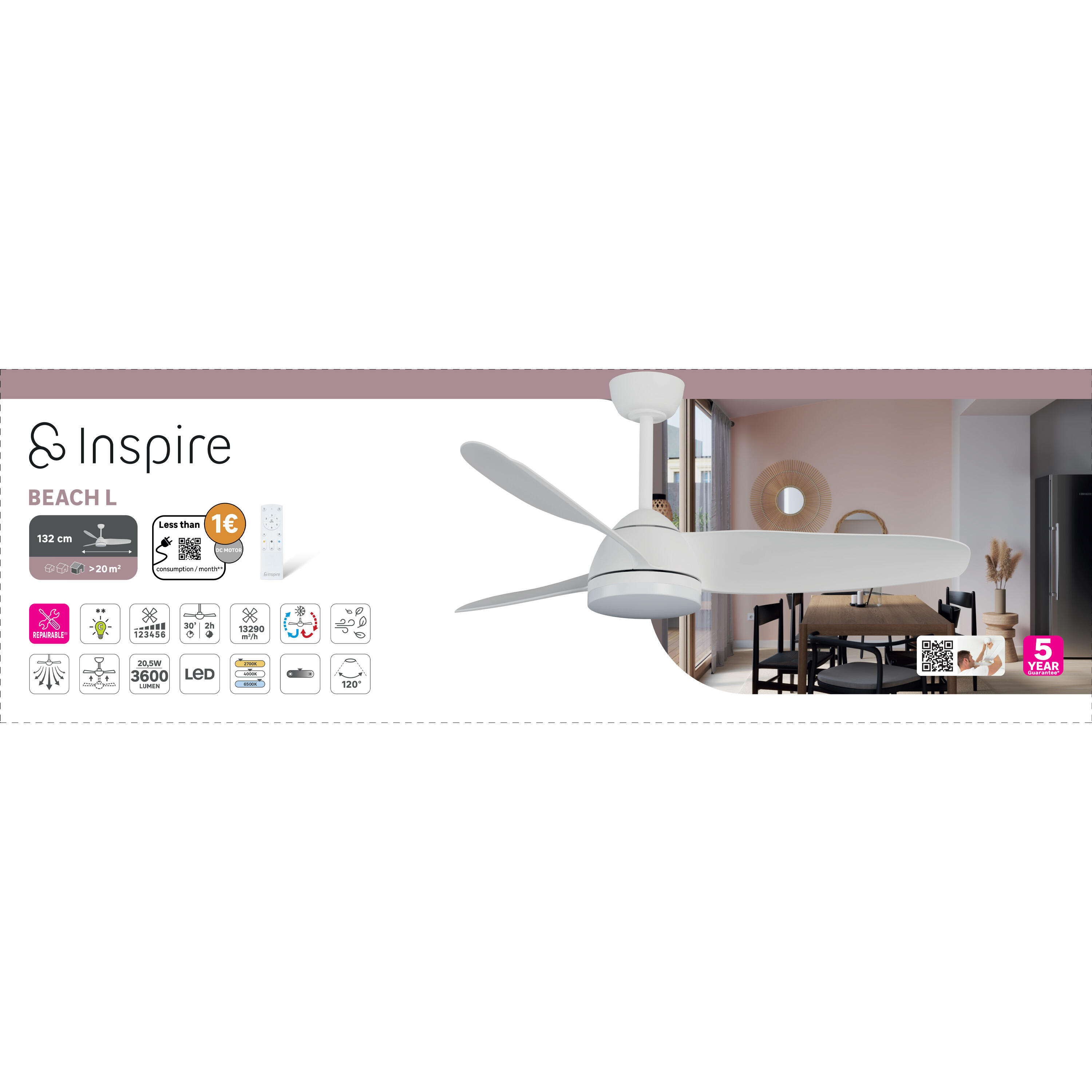 Ventilador de techo con luz silencioso DC 37W con mando ø132 cm Beach INSPIRE blanco luz CCT 3 aspas| 6 velocidades| modo verano/invierno| brisa| temporizador| recomendado de 20 a 40m² - 10