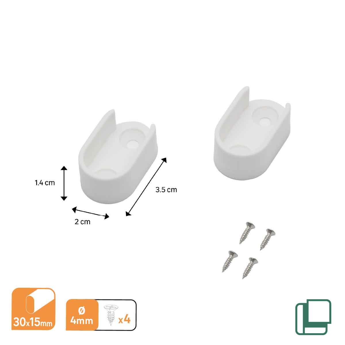 Uchwyty do drążka szafy białe 30 x 15 mm - 2 szt. Spaceo