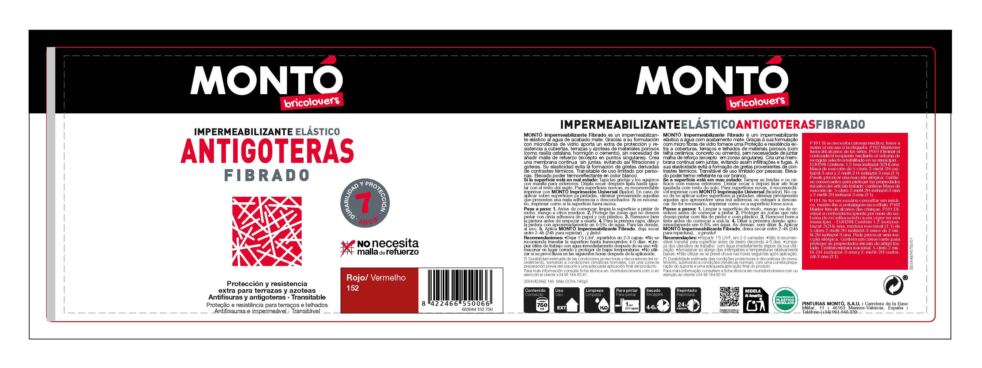 Impermeabilizante fachada exterior MONTÓ color rojo para fachadas de hormigón, ladrillo 750ml. Agua. - 2