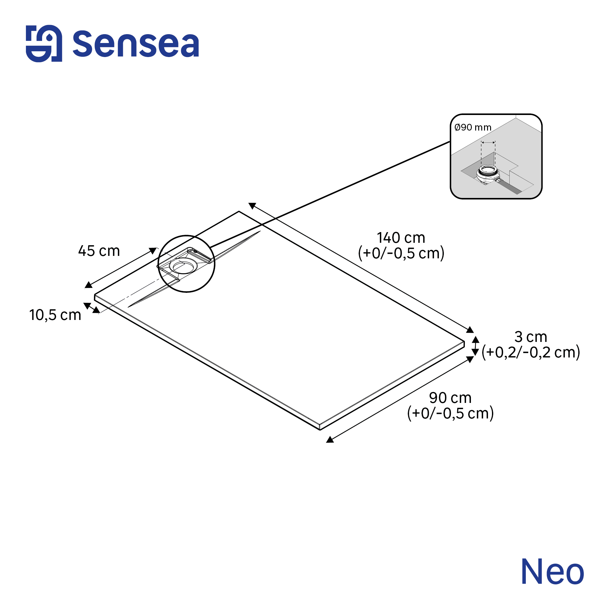 Receveur de douche extraplat, résine, blanc L.140 x l.90 cm, Neo - 5
