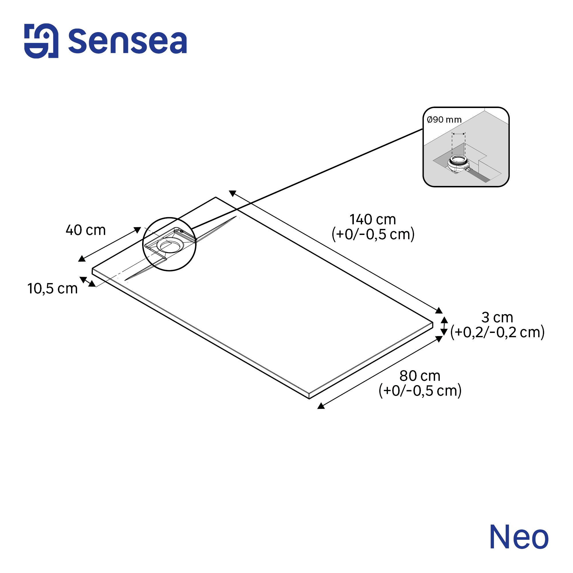 Receveur de douche extraplat, résine, blanc L.140 x l.80 cm, Neo - 6