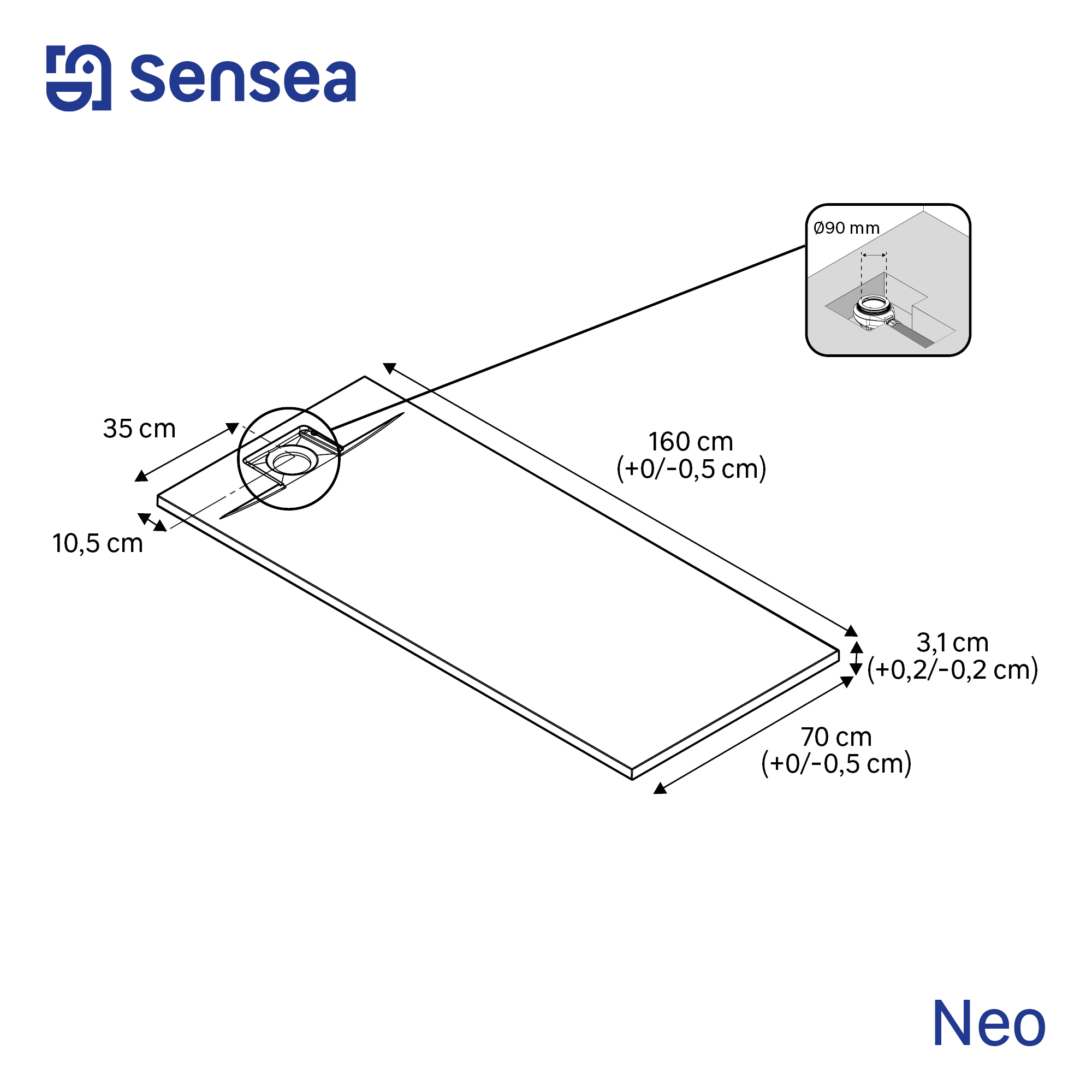 Base de duche 160x70 cm preto mate Sensea Neo - 7