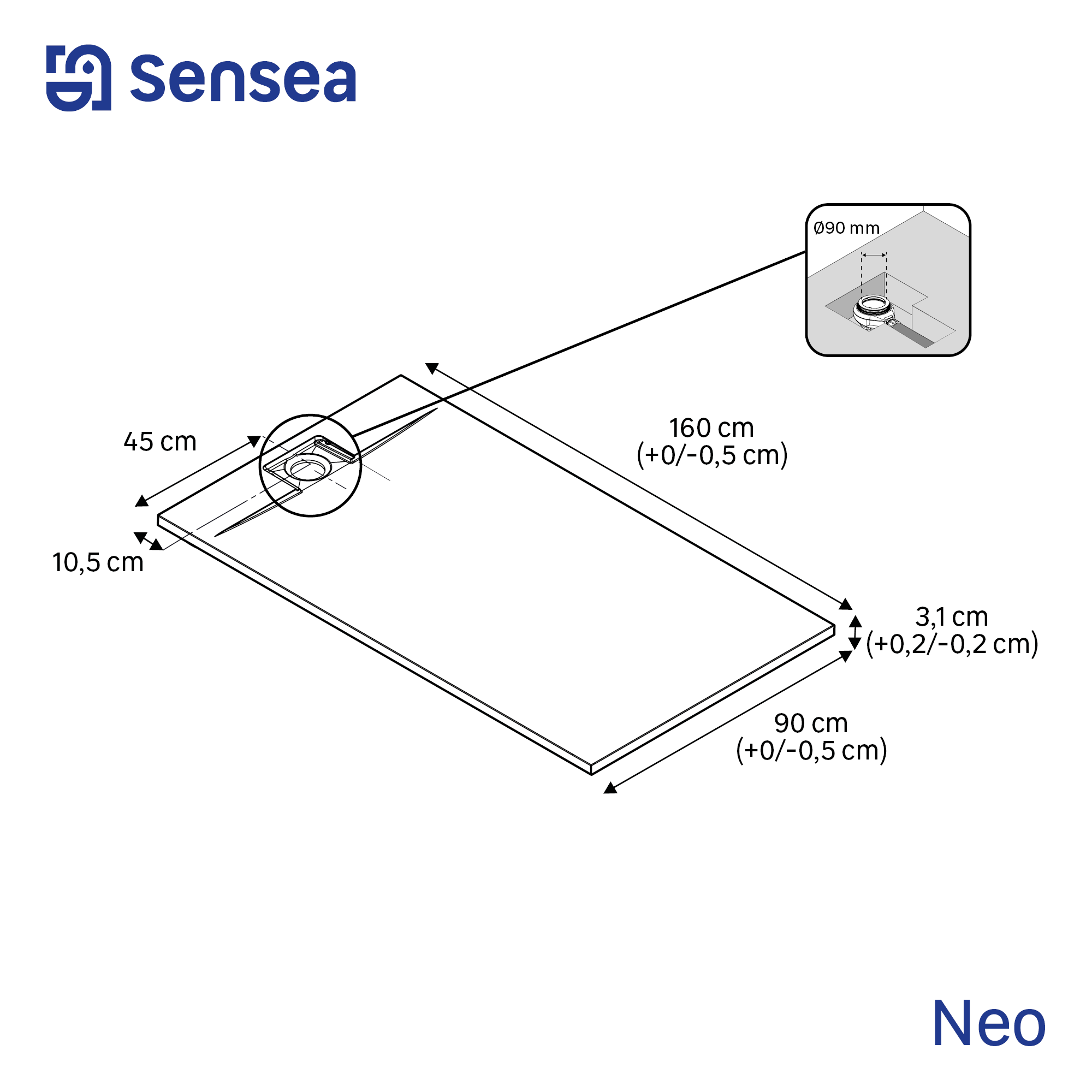 Receveur de douche extraplat, résine, blanc L.160 x l.90 cm, Neo - 6