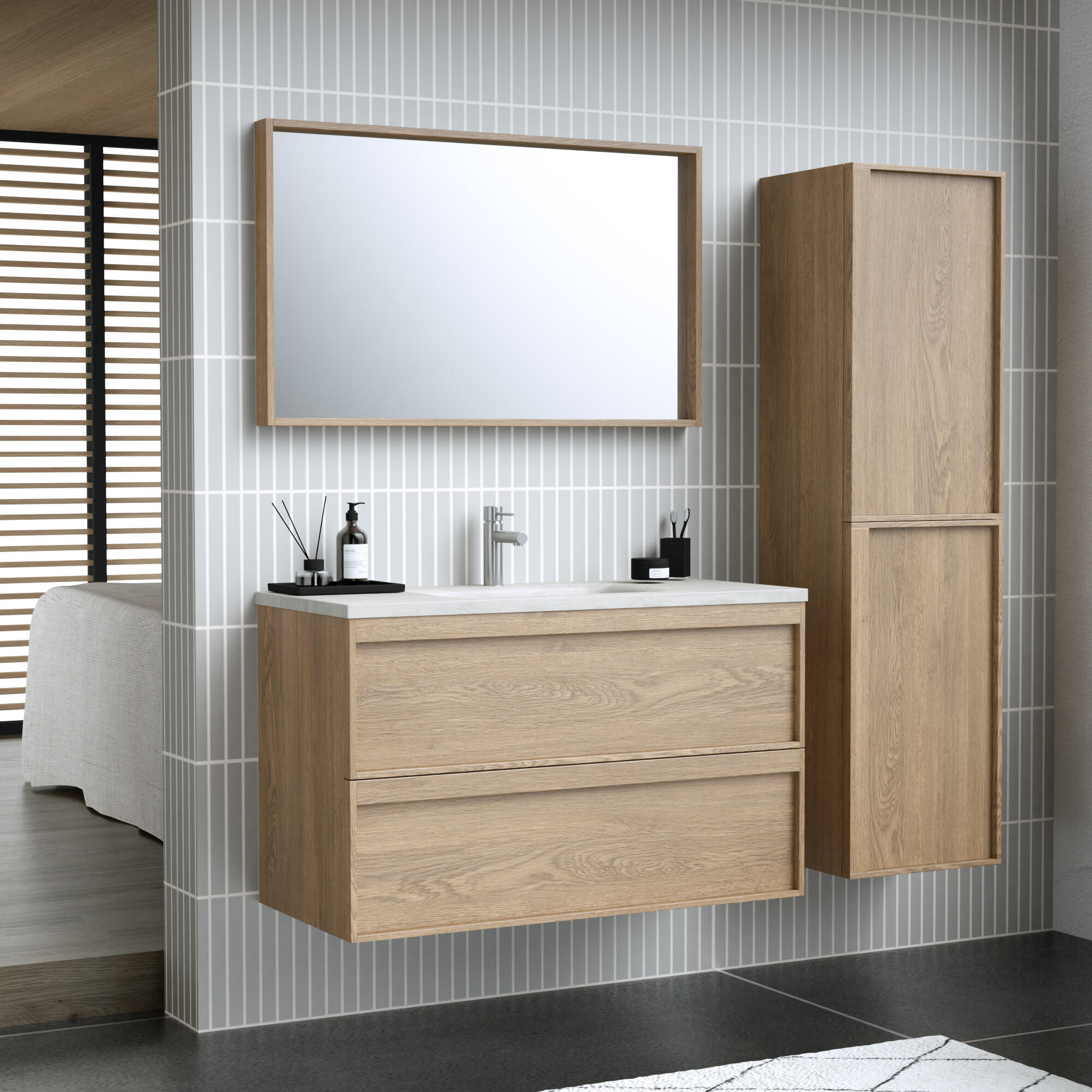 Meuble sous-vasque 2t L.100cm x H.60cm x P.45.7cm plaqué chêne naturel Scala - 6